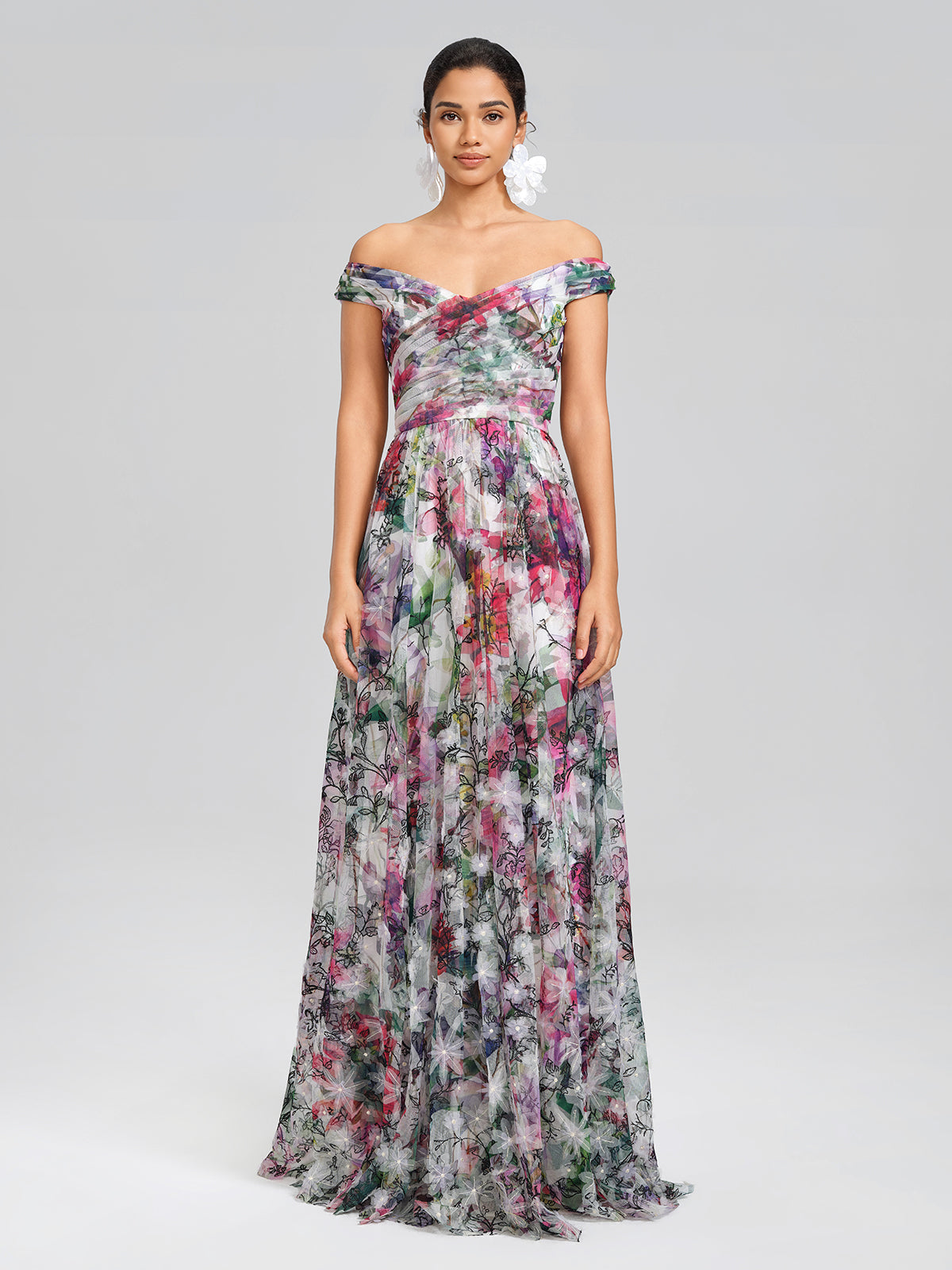 Painterly Floral Sheer Mesh Evening Gown