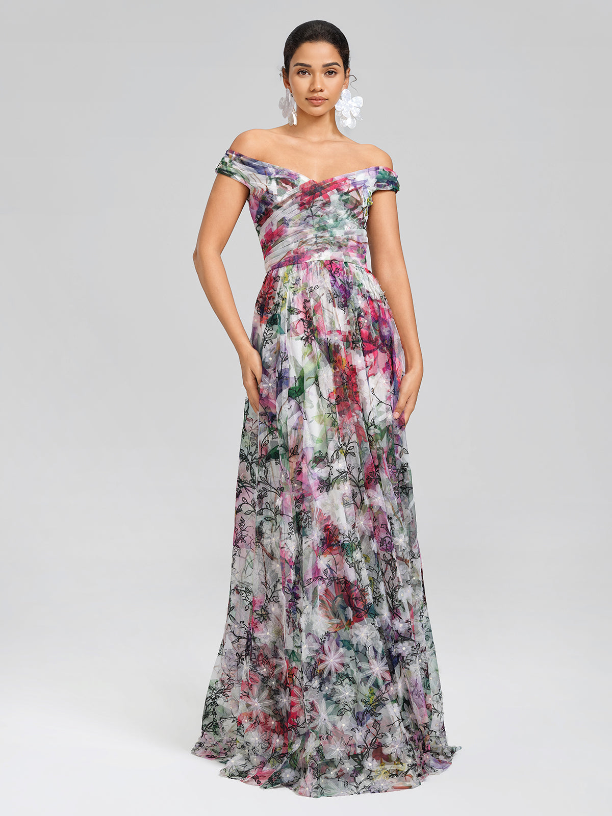 Painterly Floral Sheer Mesh Evening Gown, FLOWER / M