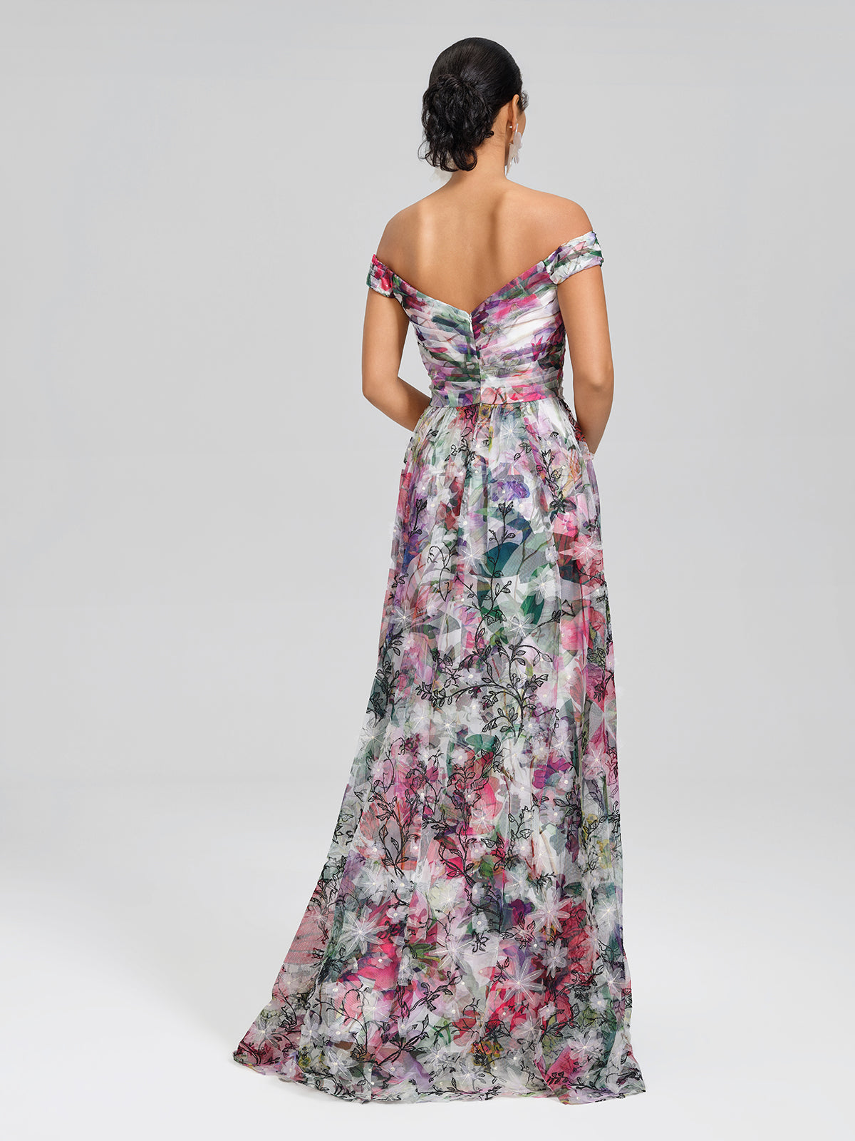 Painterly Floral Sheer Mesh Evening Gown
