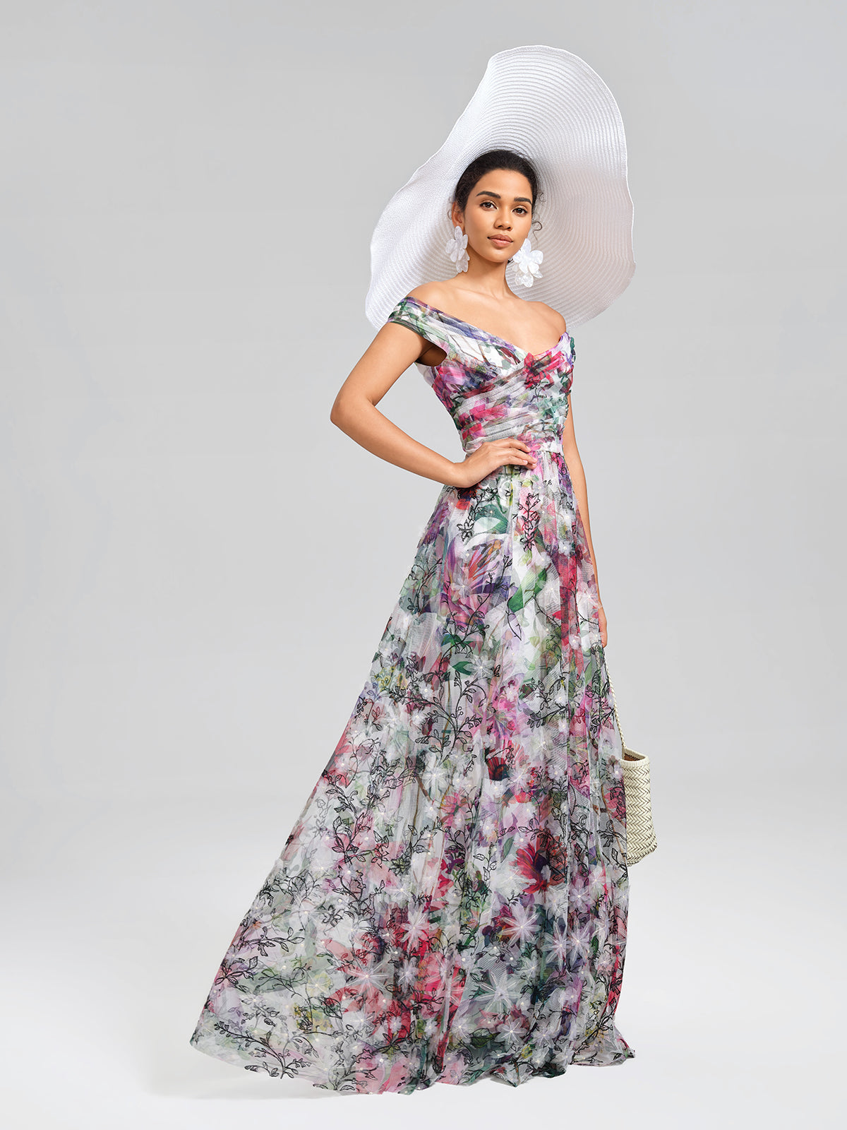 Painterly Floral Sheer Mesh Evening Gown