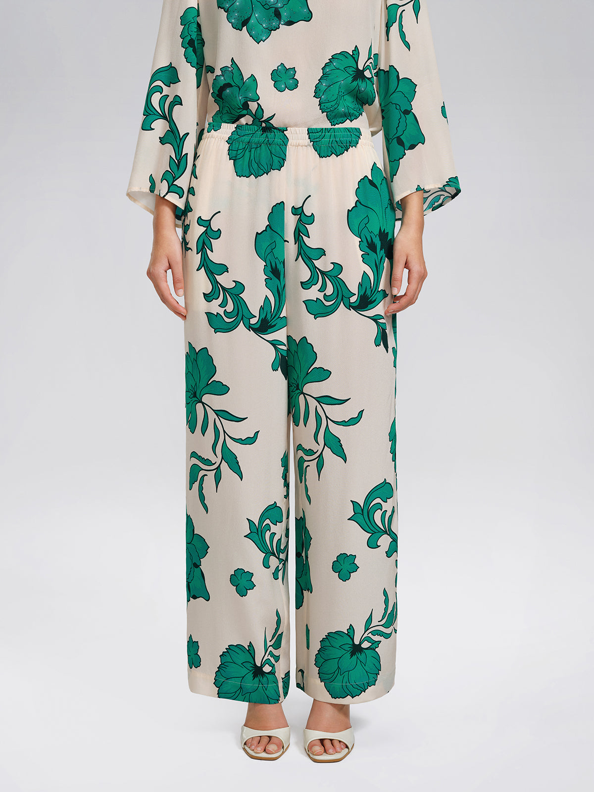 100% Silk Drawstring Waist Elastic Wide-Leg Pants