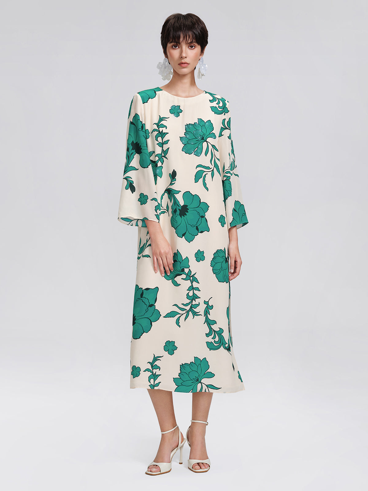 100% Silk Nine-Quarter Sleeve Straight Maxi Dress (Wait Rope Included)