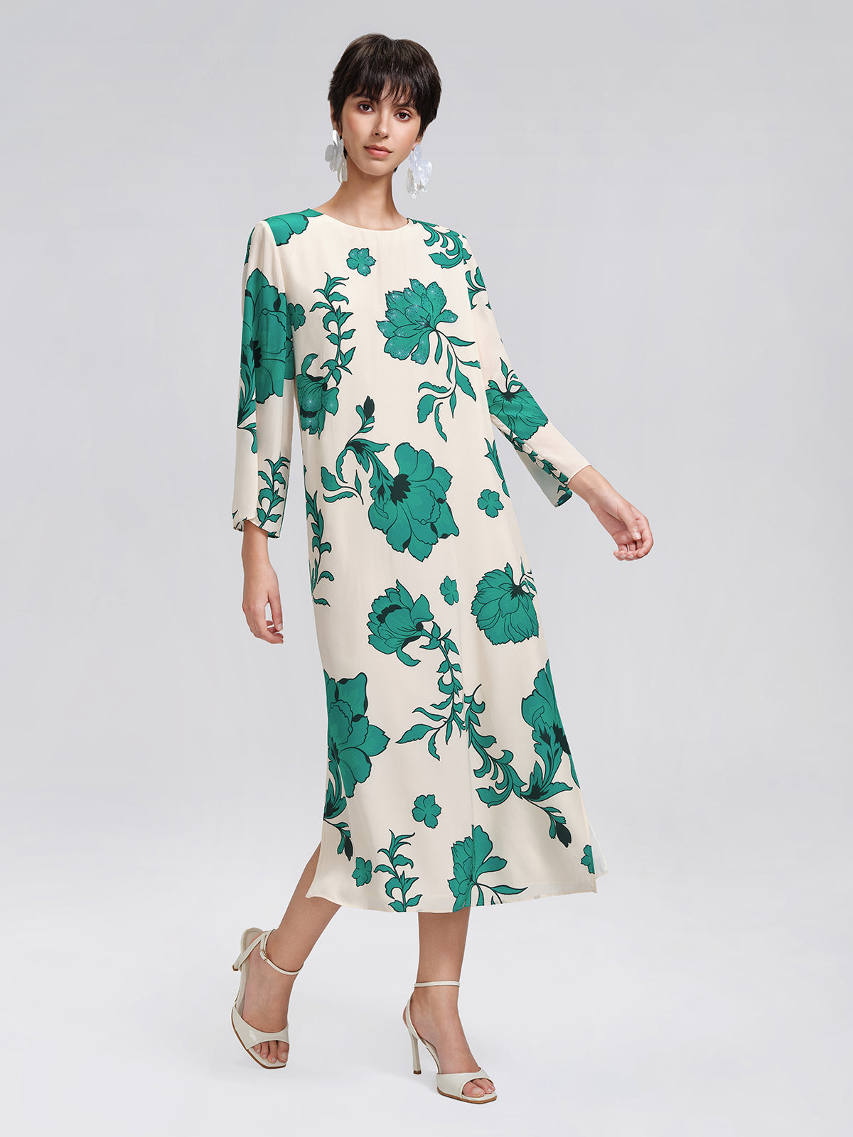 100% Silk Nine-Quarter Sleeve Straight Maxi Dress (Wait Rope Included)