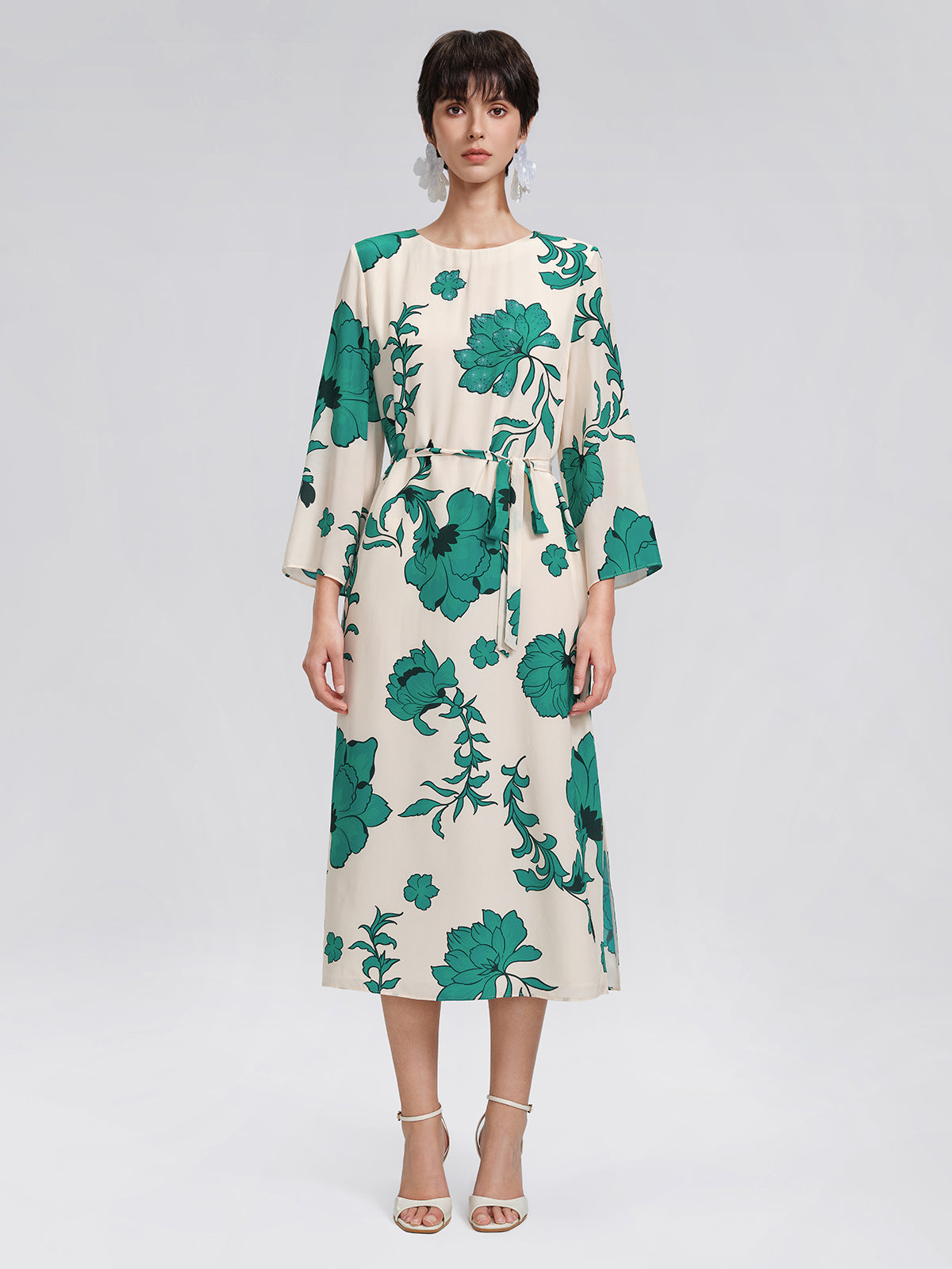 100% Silk Nine-Quarter Sleeve Straight Maxi Dress (Wait Rope Included)