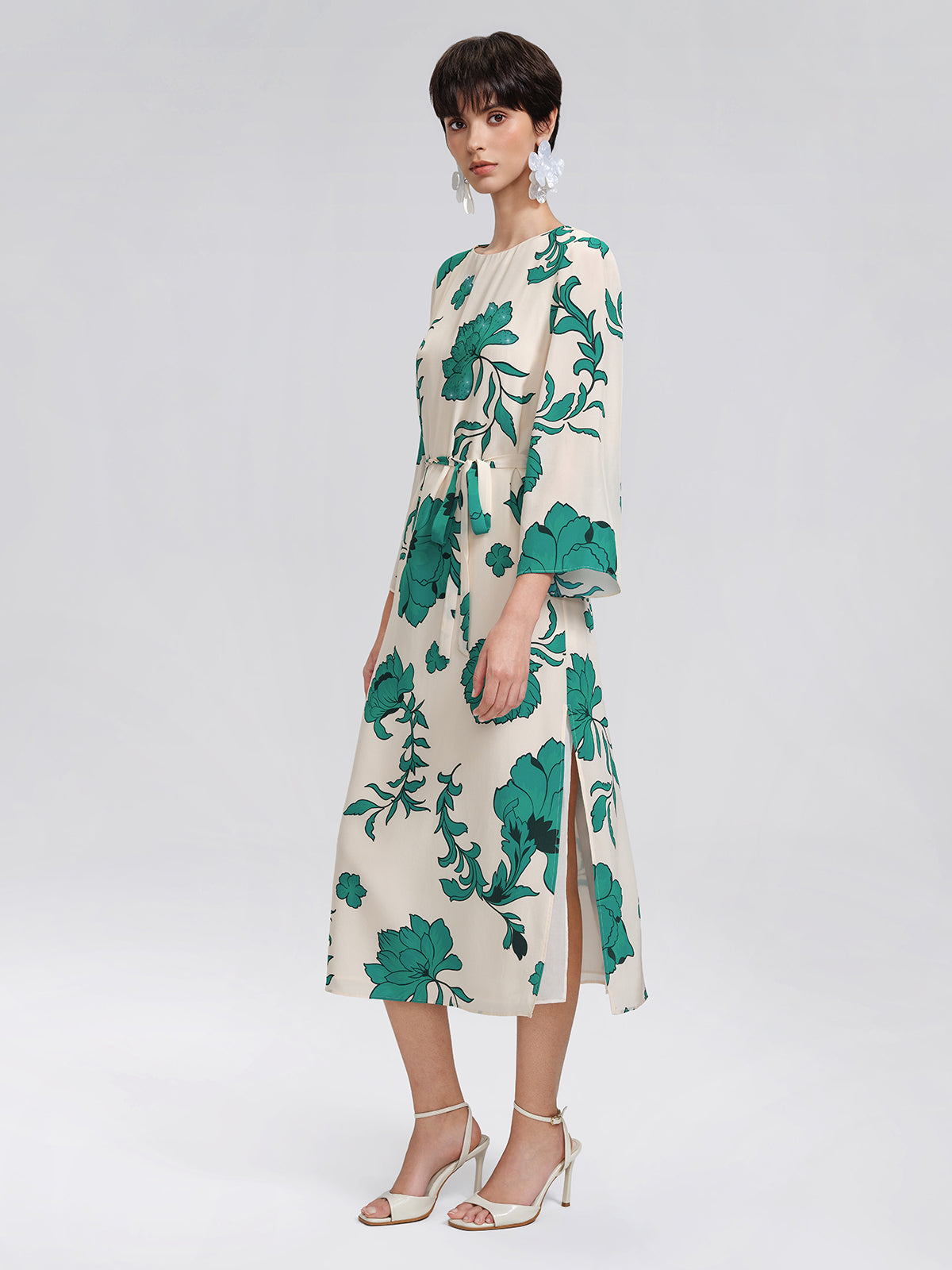 100% Silk Nine-Quarter Sleeve Straight Maxi Dress (Wait Rope Included)