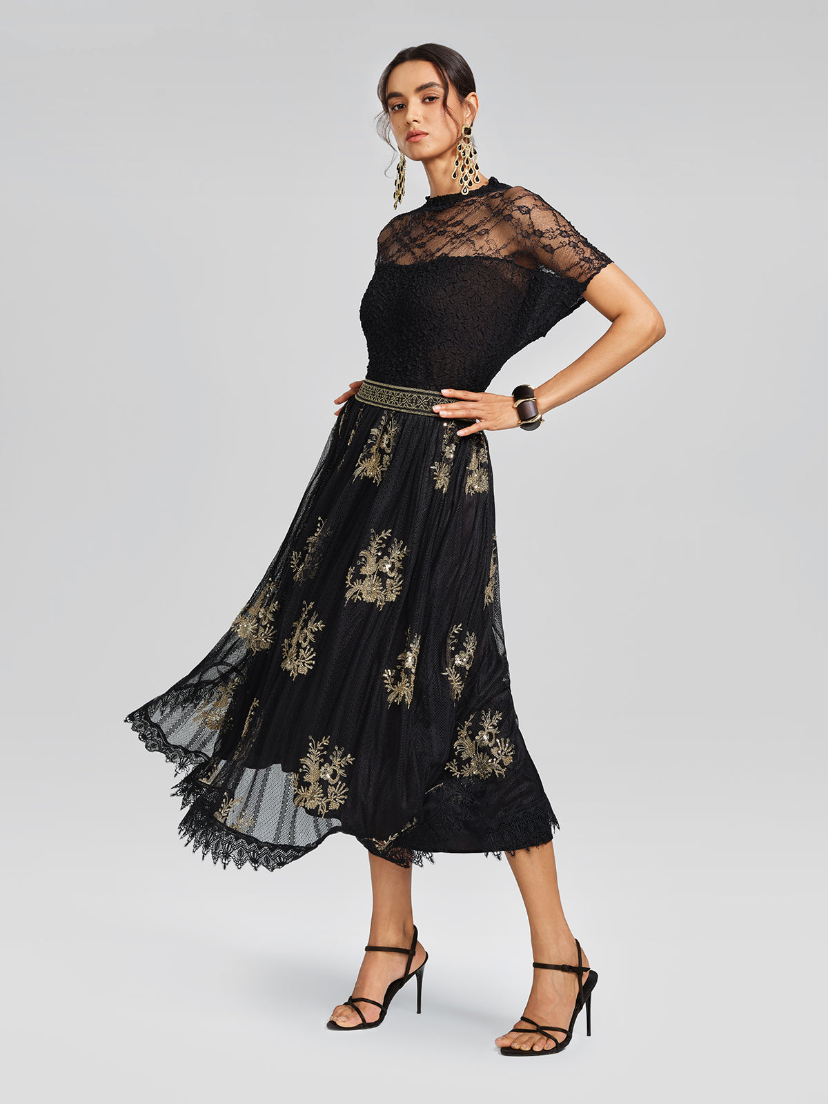 Cutout Lace Mesh Pleated Fitted Top