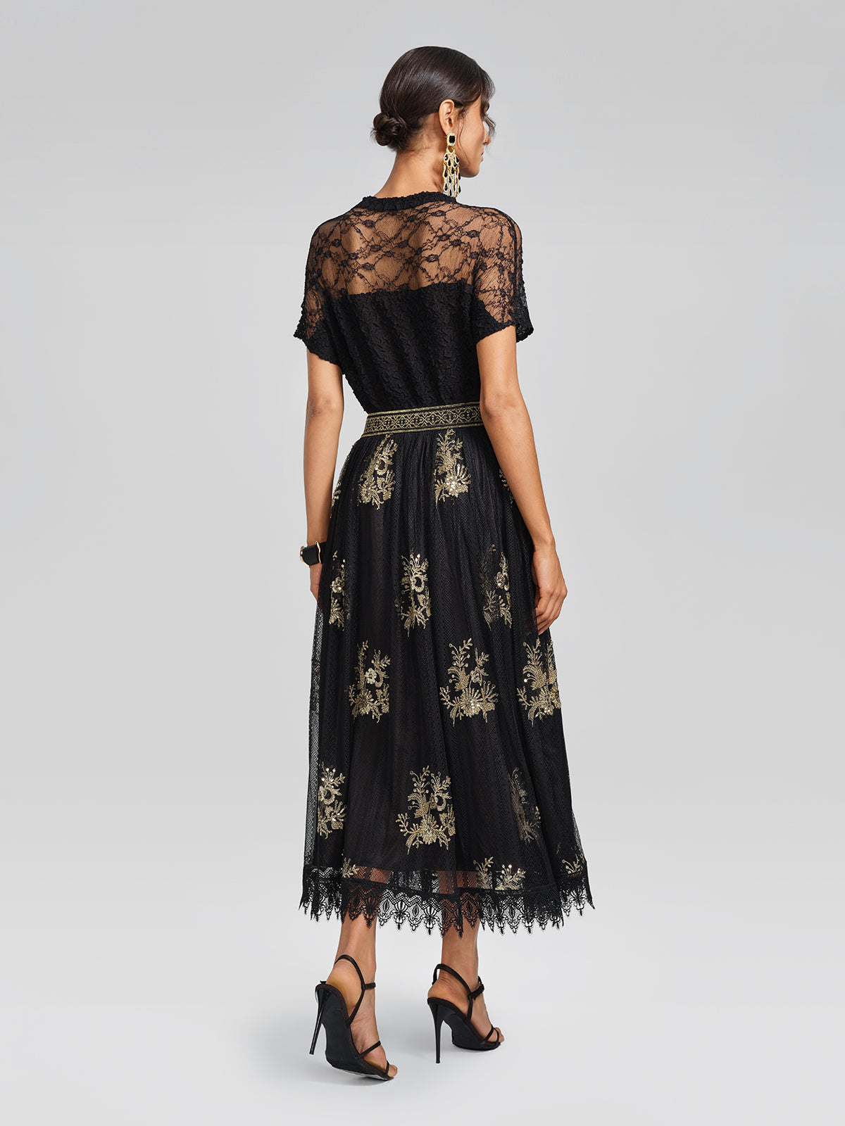 Cutout Lace Mesh Pleated Fitted Top