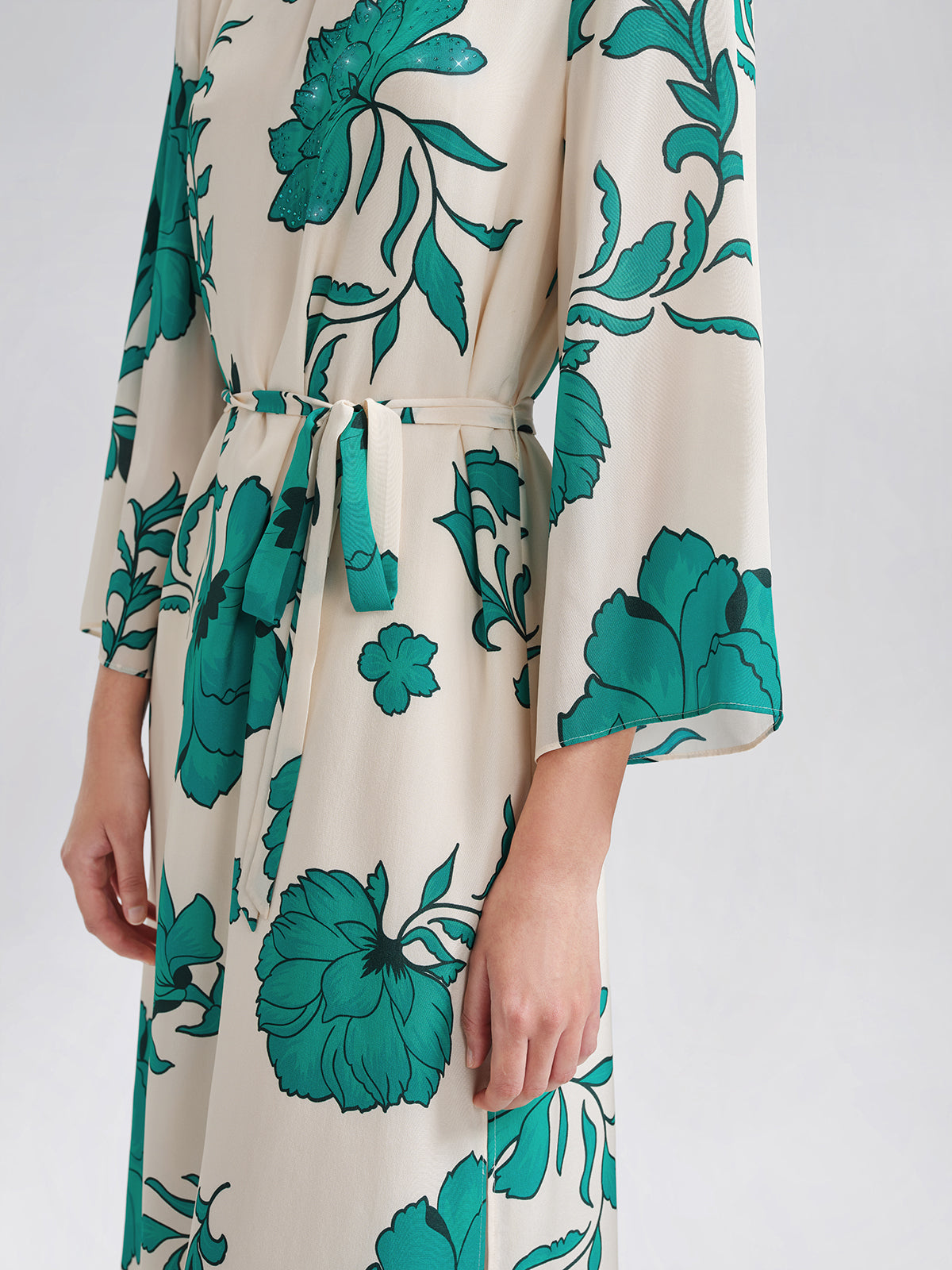 100% Silk Nine-Quarter Sleeve Straight Maxi Dress (Wait Rope Included)