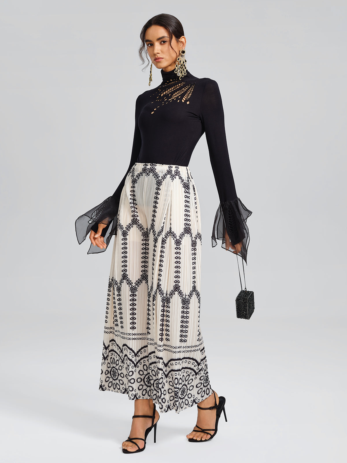 Cutout Stretch Mesh-Dotted Top