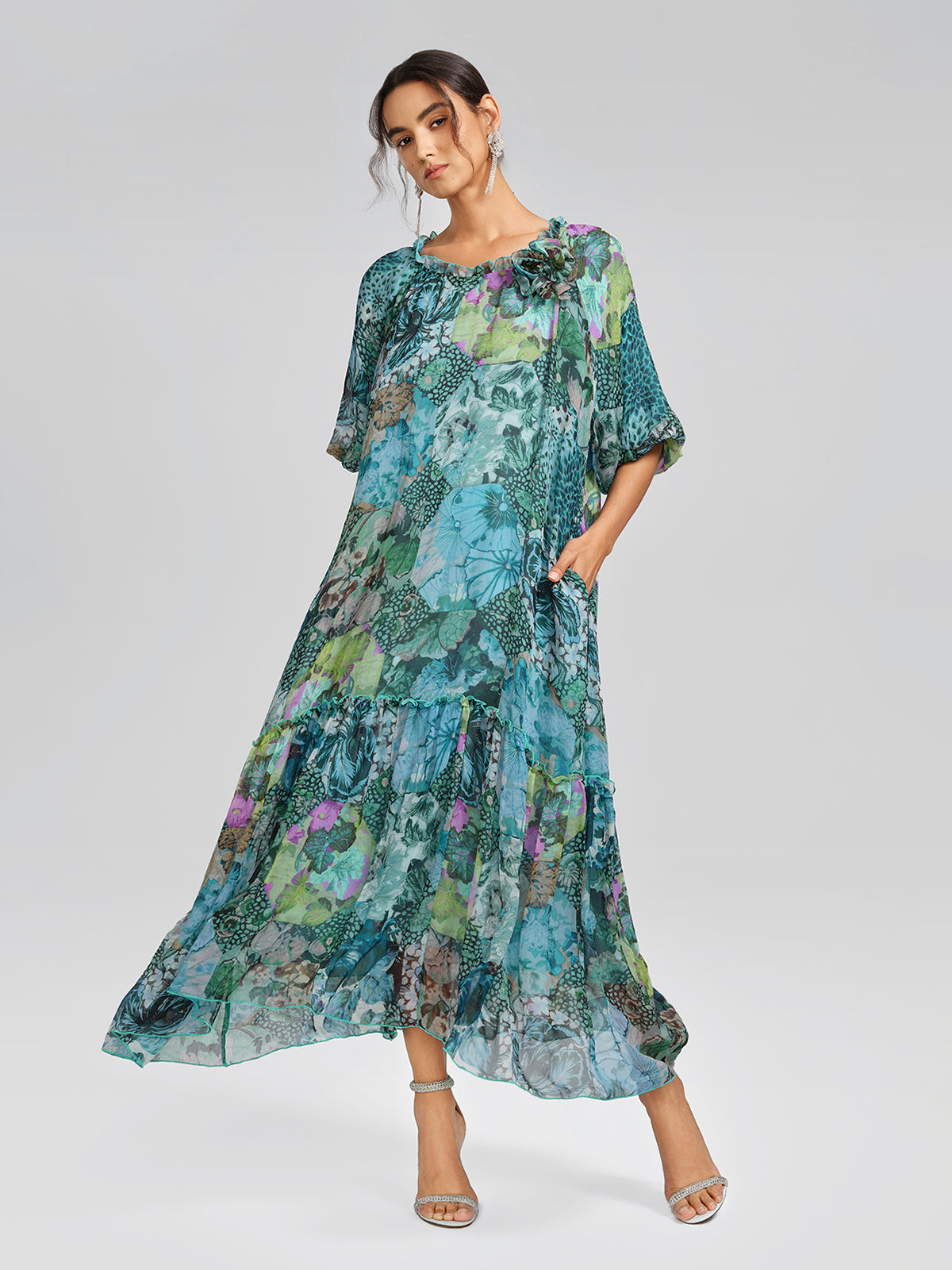 Silk Printed Puff-Sleeve Dress(Waist Tie Included)