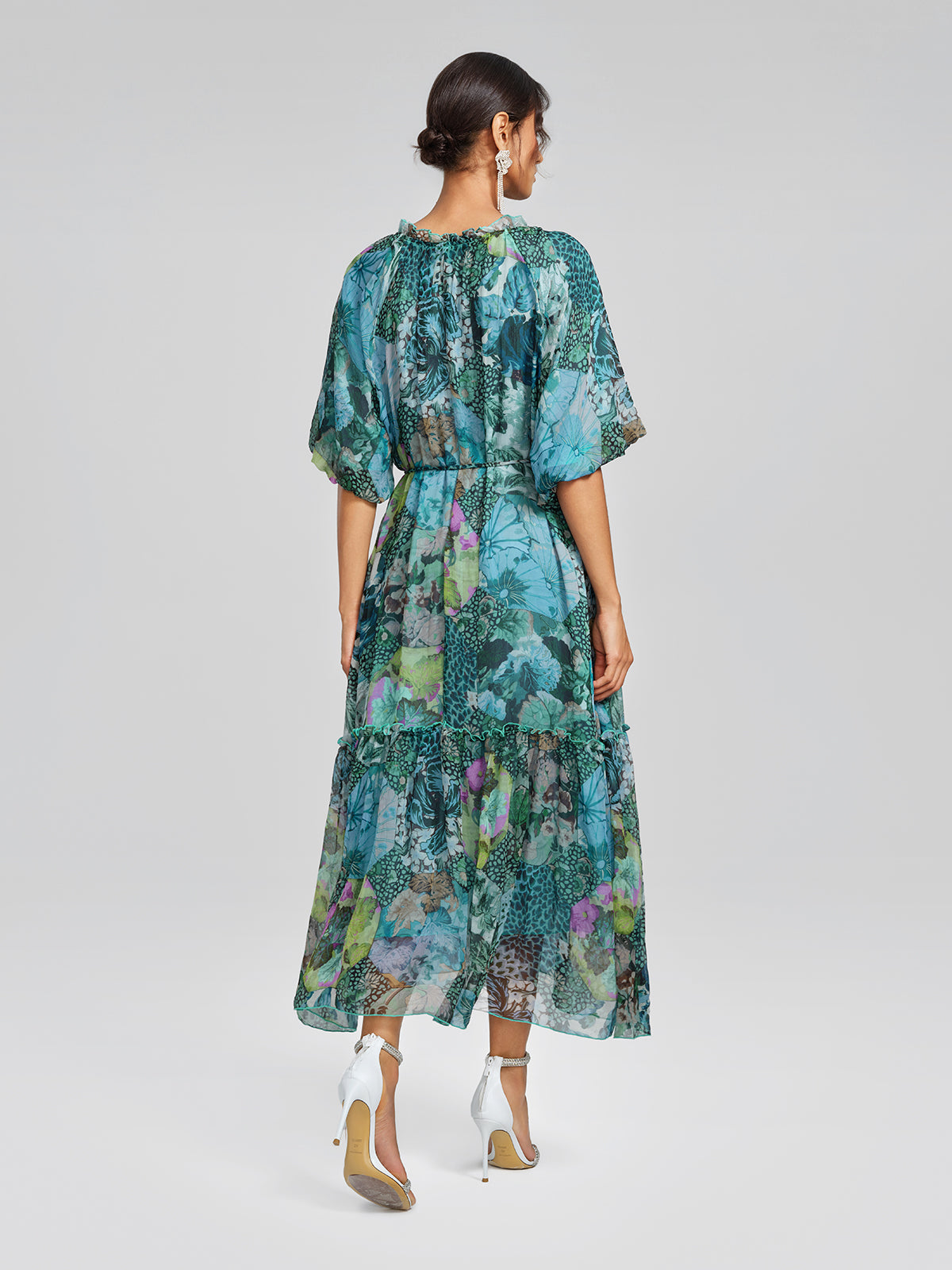 Silk Printed Puff-Sleeve Dress(Waist Tie Included)