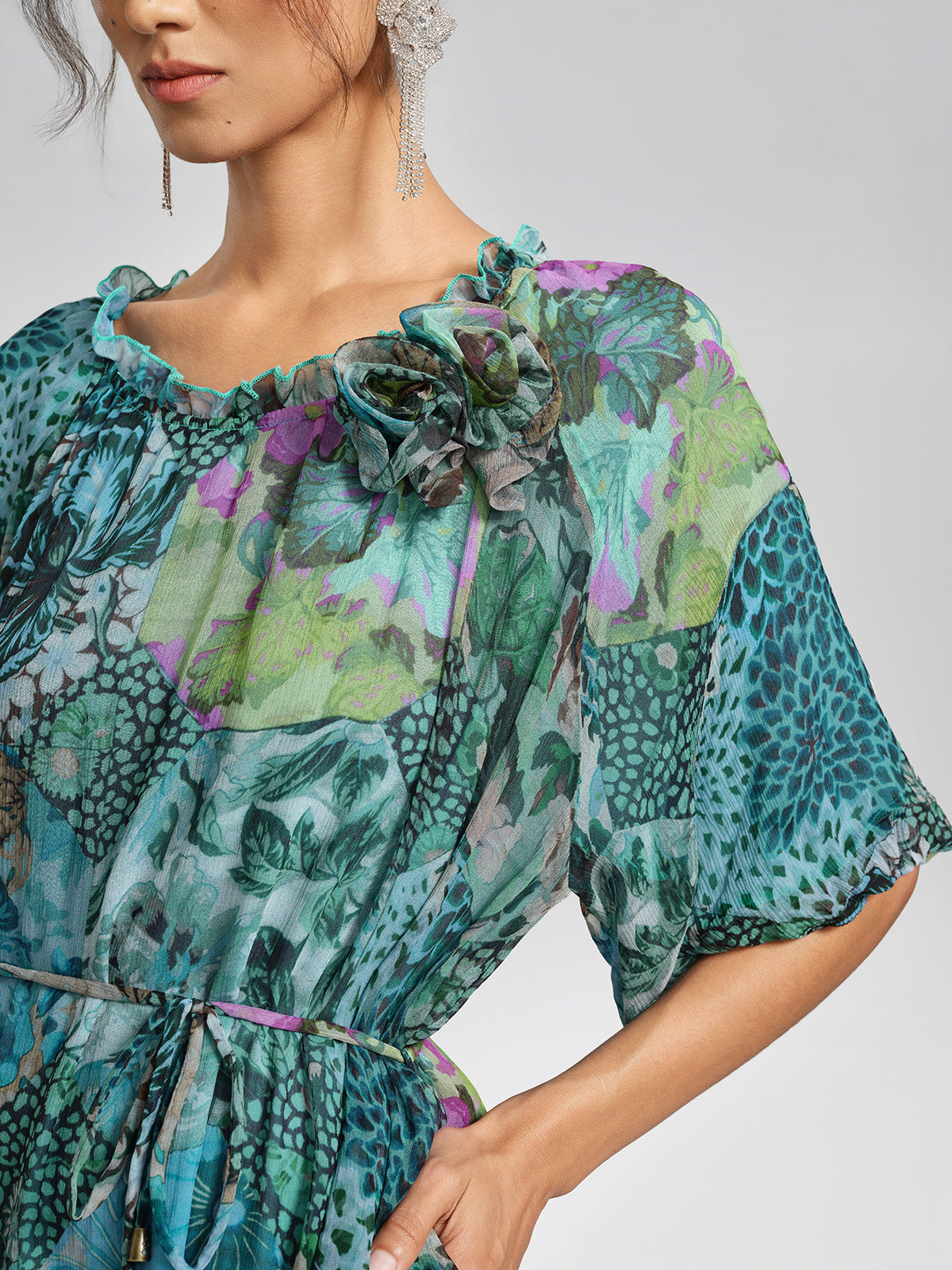 Silk Printed Puff-Sleeve Dress(Waist Tie Included)