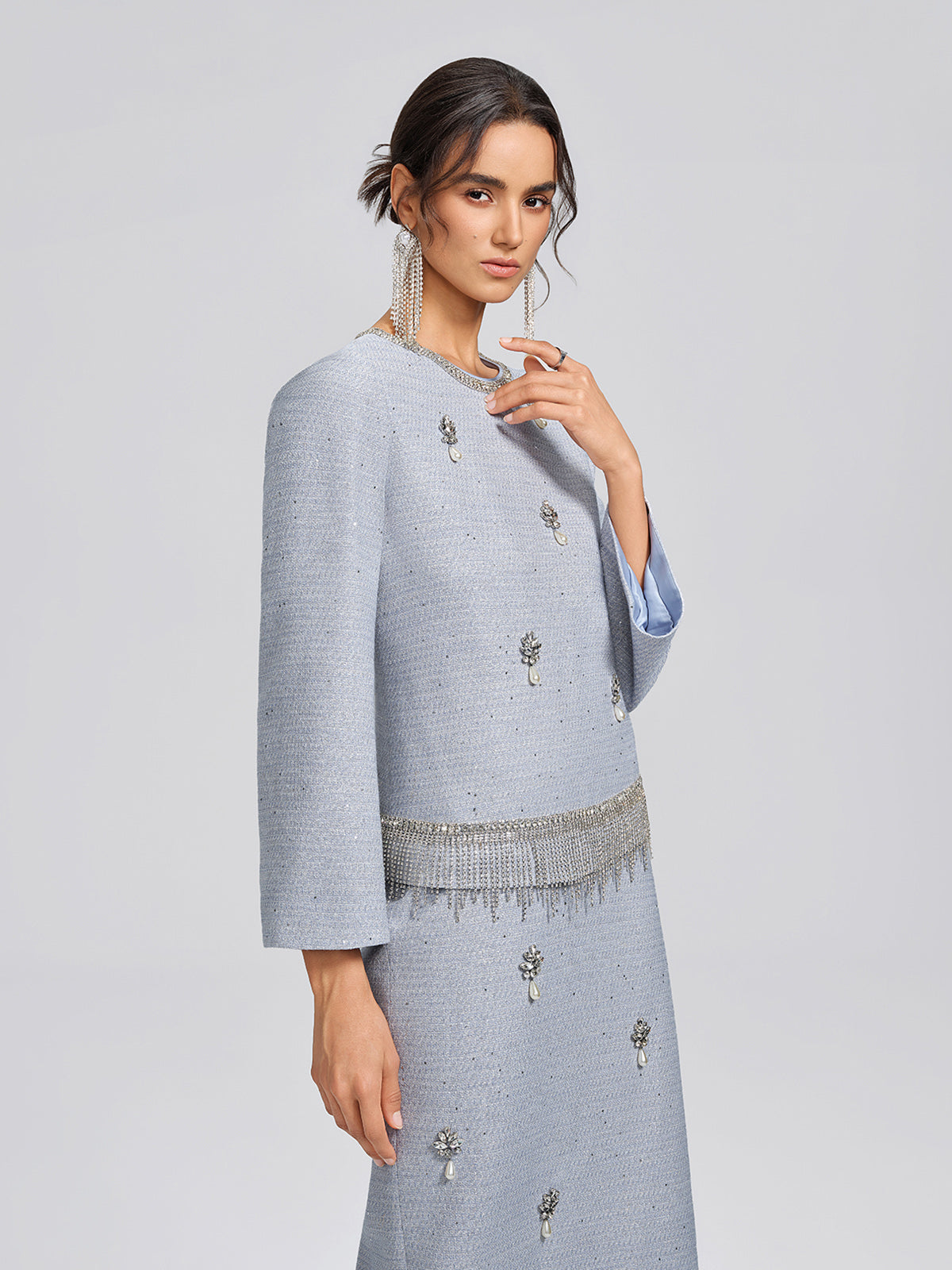 Textured Tweed Pearl Beaded Blouse