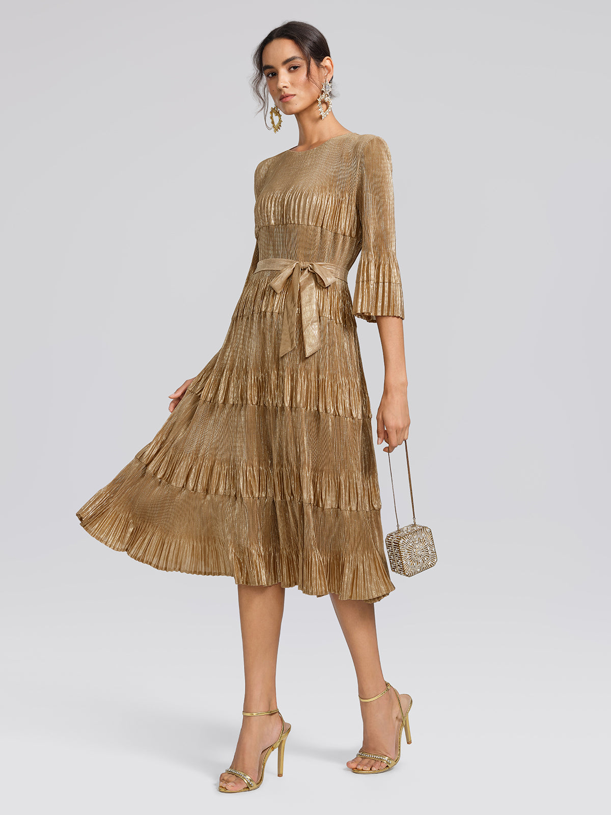 Foil Print Pleated Printed High-Stretch Dress (Waist Tie Included)