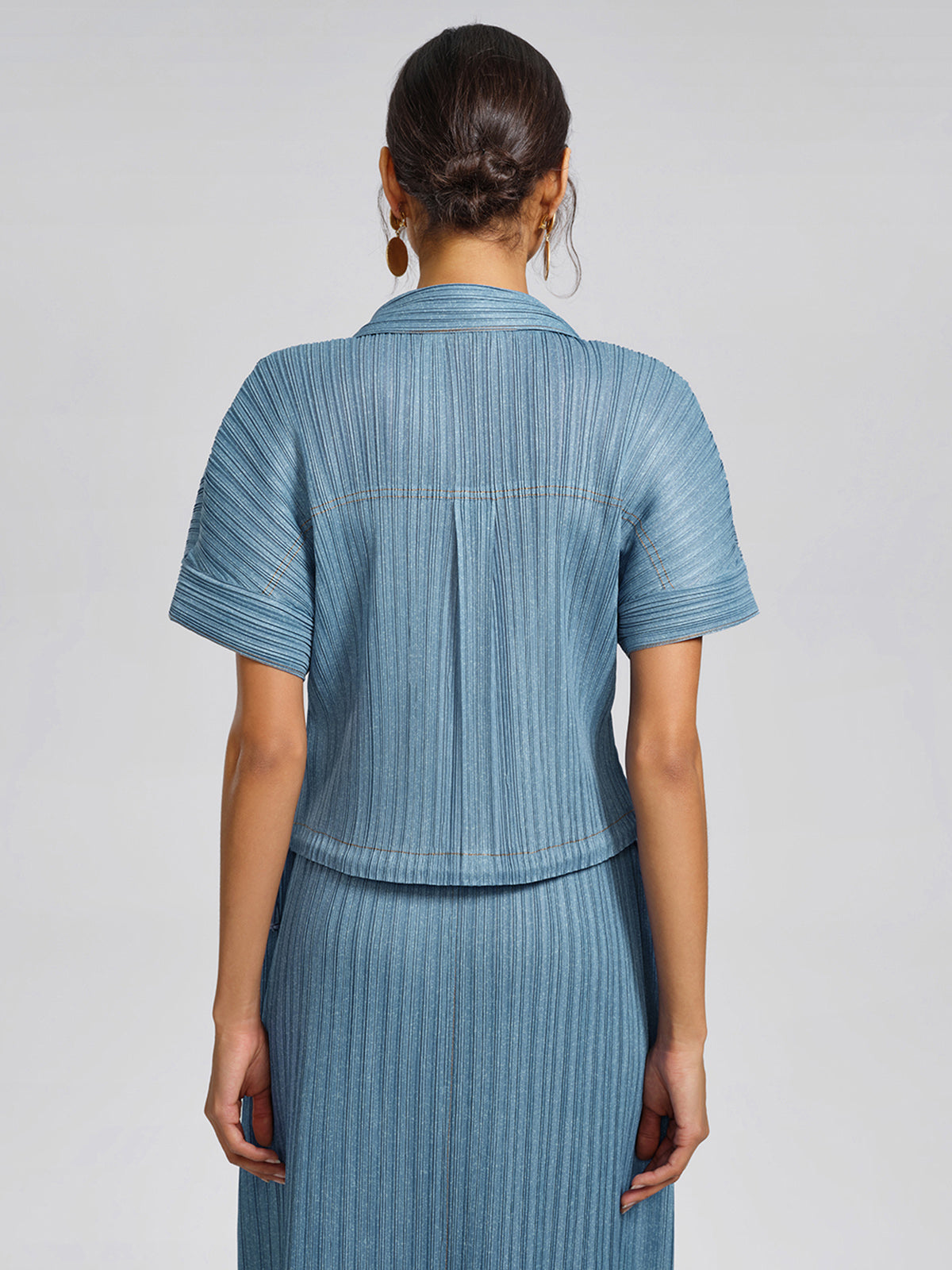 Denim-Blue Vertical Pleated Top & Skirt Set