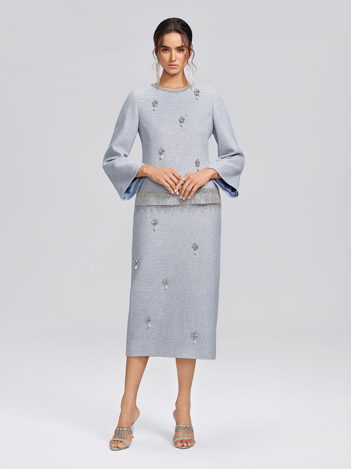 Textured Tweed Beaded Straight Skirt