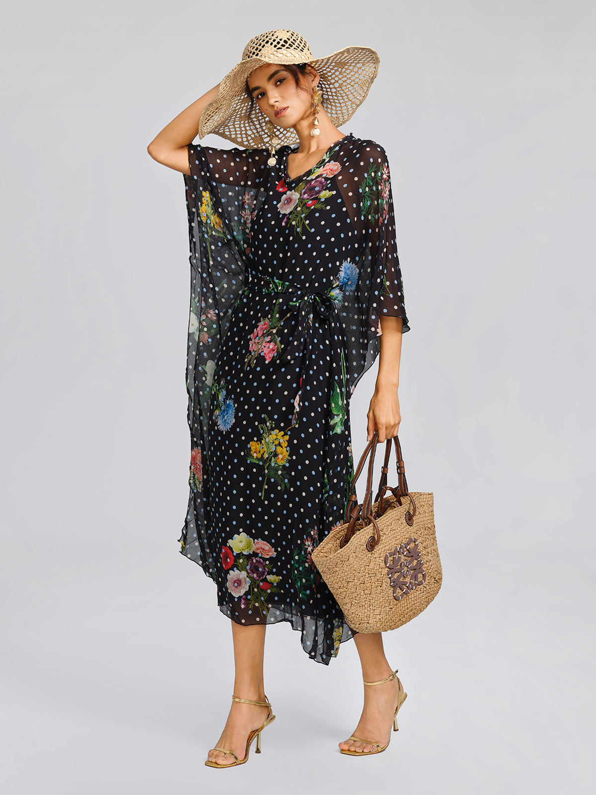 Silk Polka-Dot Print Batwing-Sleeves Dress (Slip Dress Included)