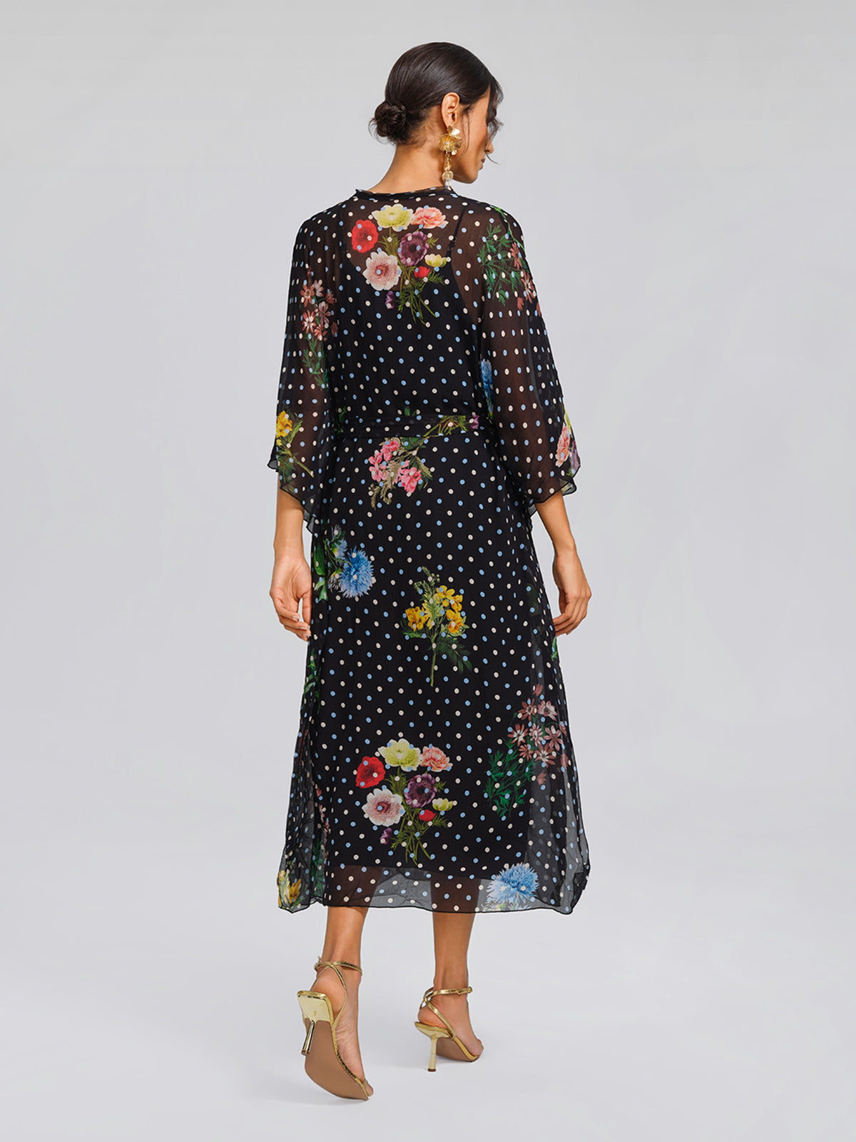 Silk Polka-Dot Print Batwing-Sleeves Dress (Slip Dress Included)