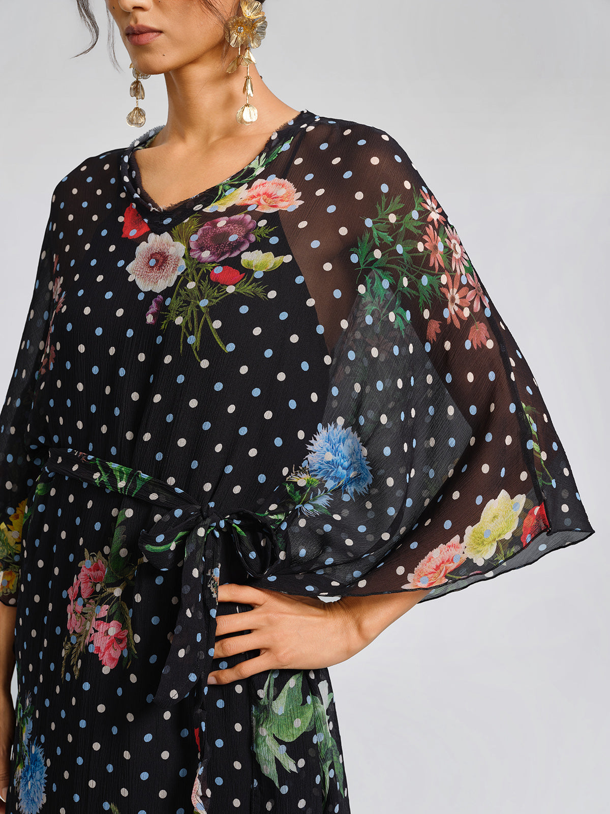 Silk Polka-Dot Print Batwing-Sleeves Dress (Slip Dress Included)