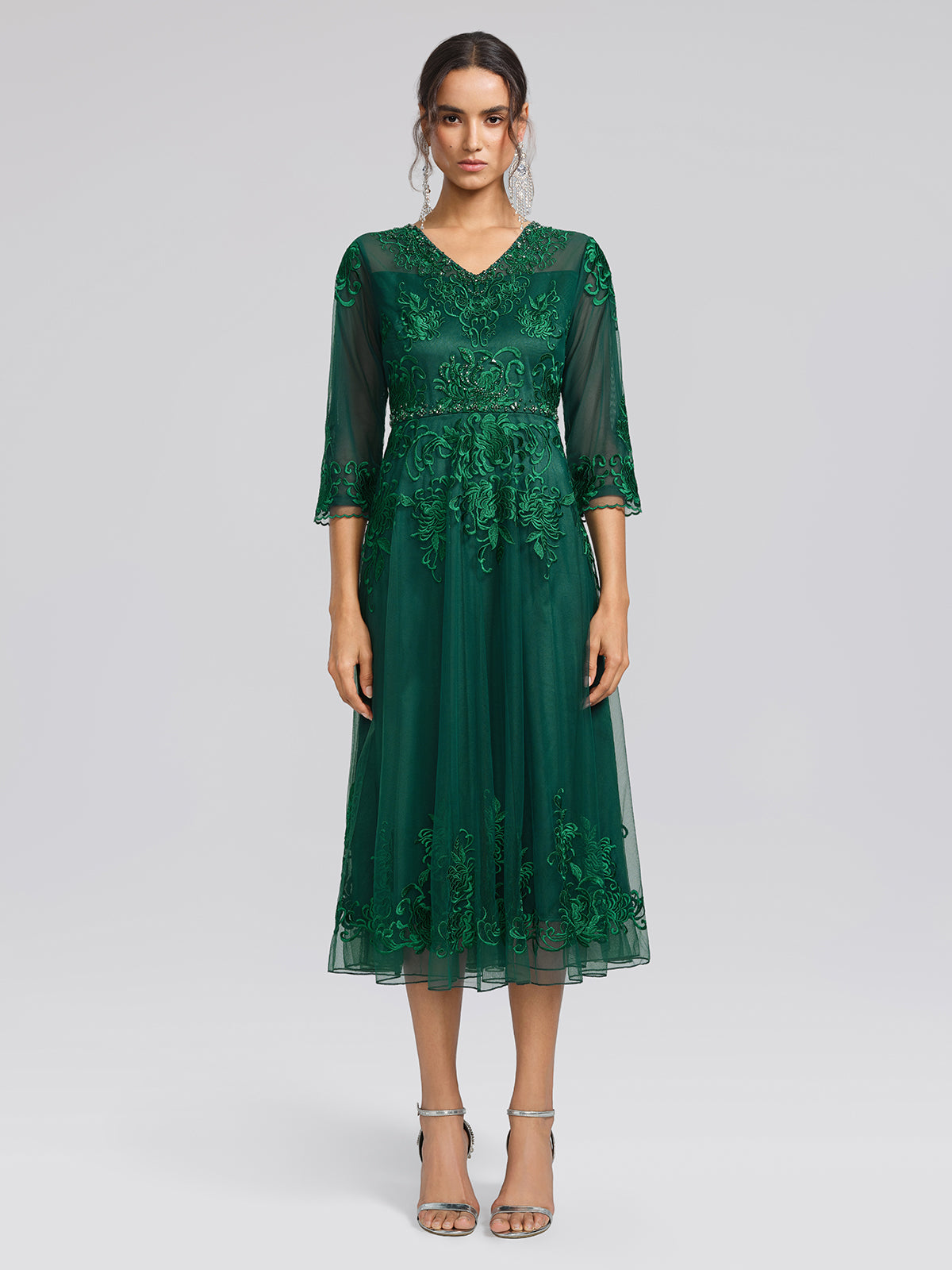 Floral Leaf Vine Embroidery Tulle Dress