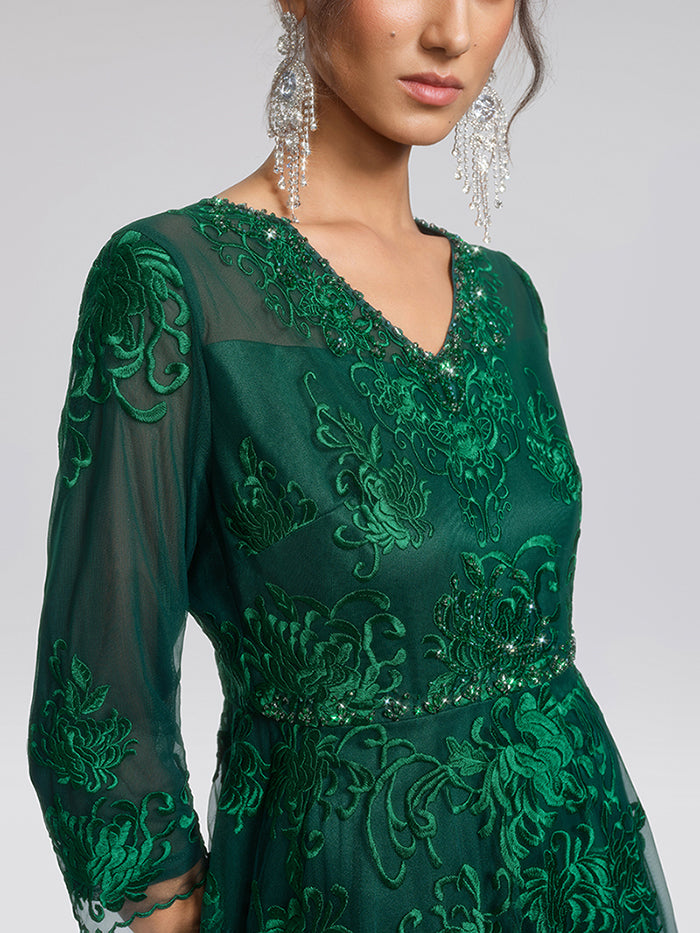 Floral Leaf Vine Embroidery Tulle Dress