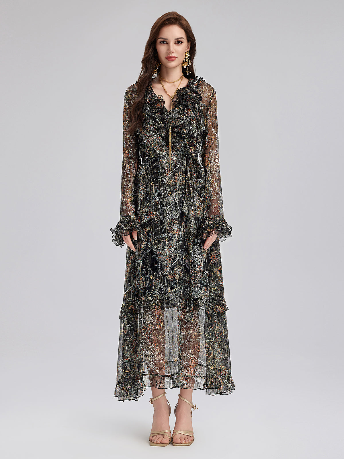 Final Sale | Cashew Flower Ruffle V-Neck Silk Dress