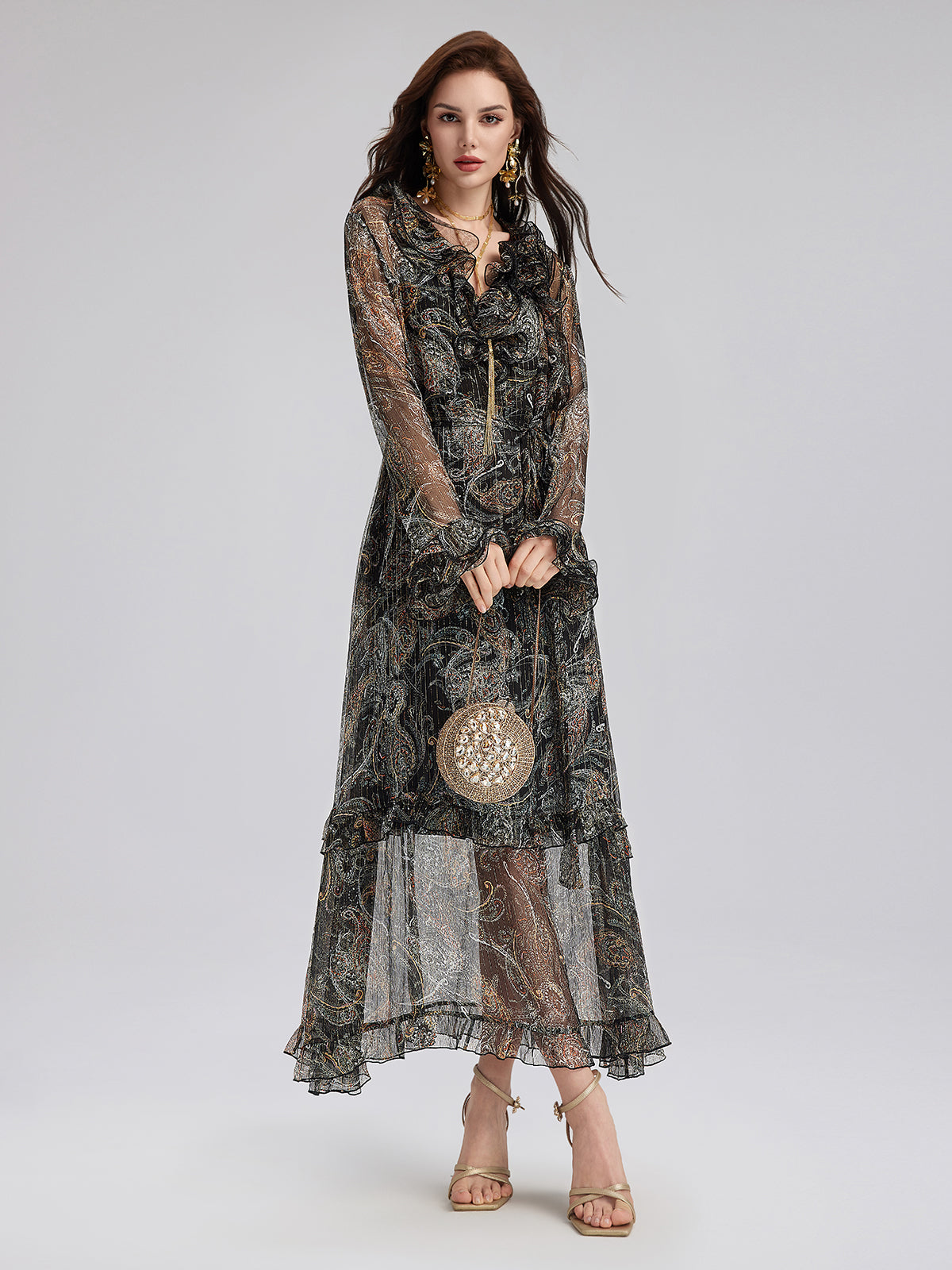 Final Sale | Cashew Flower Ruffle V-Neck Silk Dress
