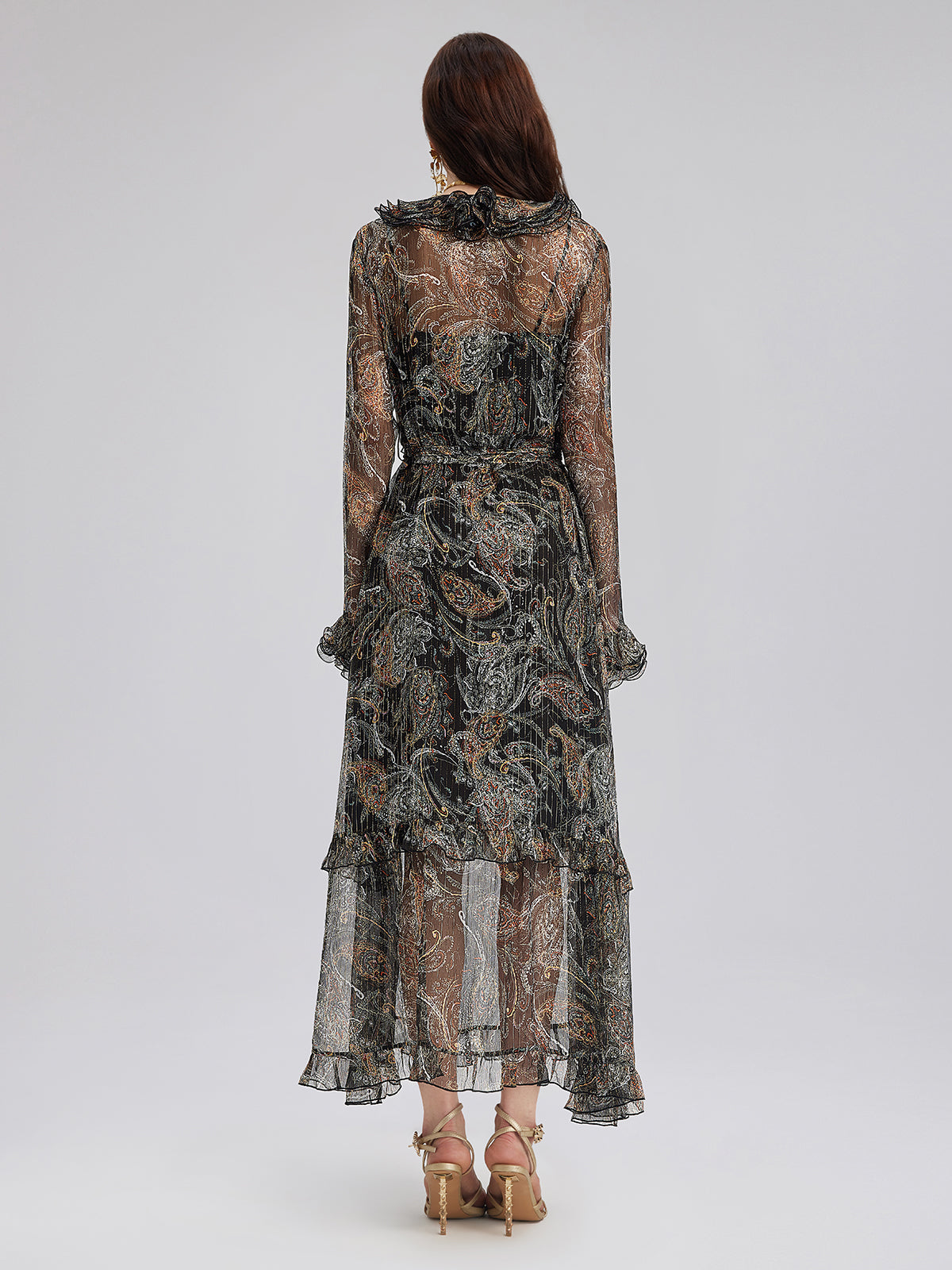 Cashew Flower Ruffle V-Neck Silk Dress