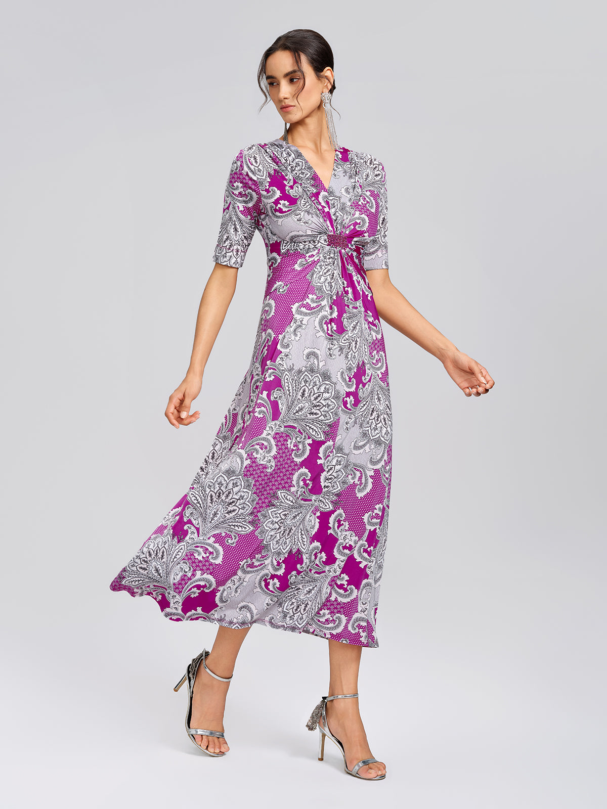 Paisley Print Twist Waist V-Neck Dress