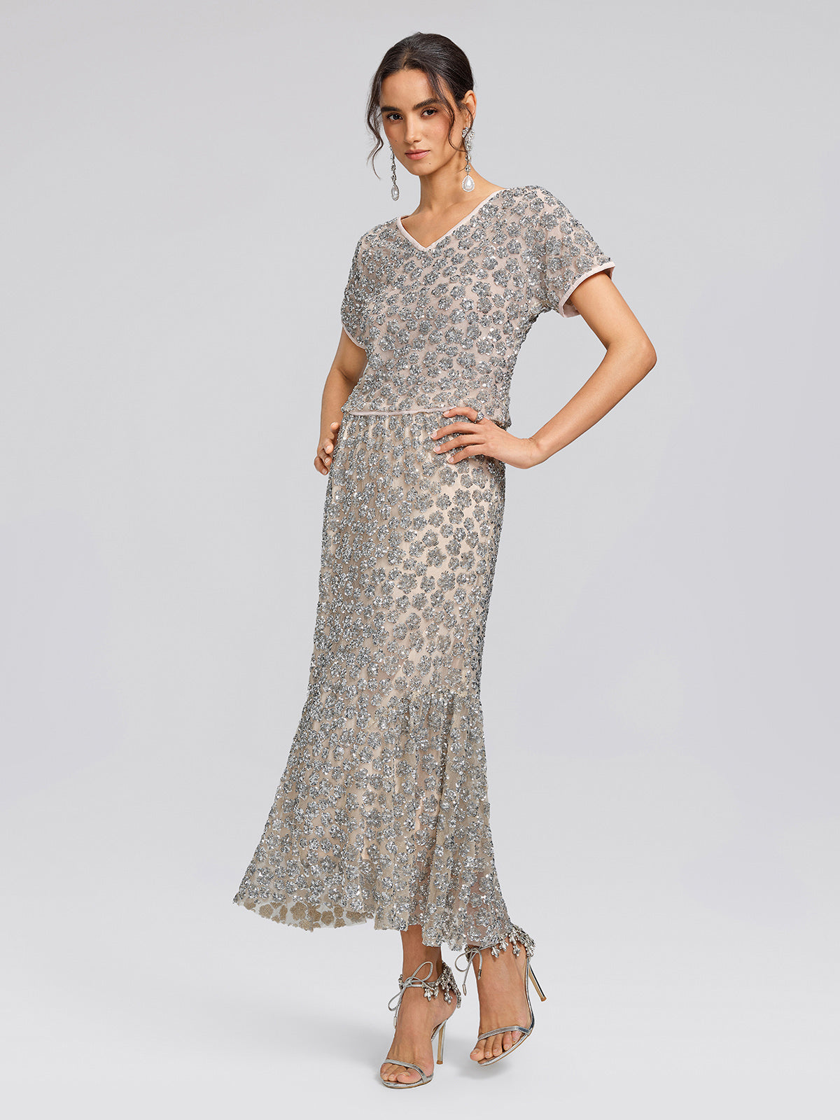 Hand Embellished Sequin V-neck Mesh Top
