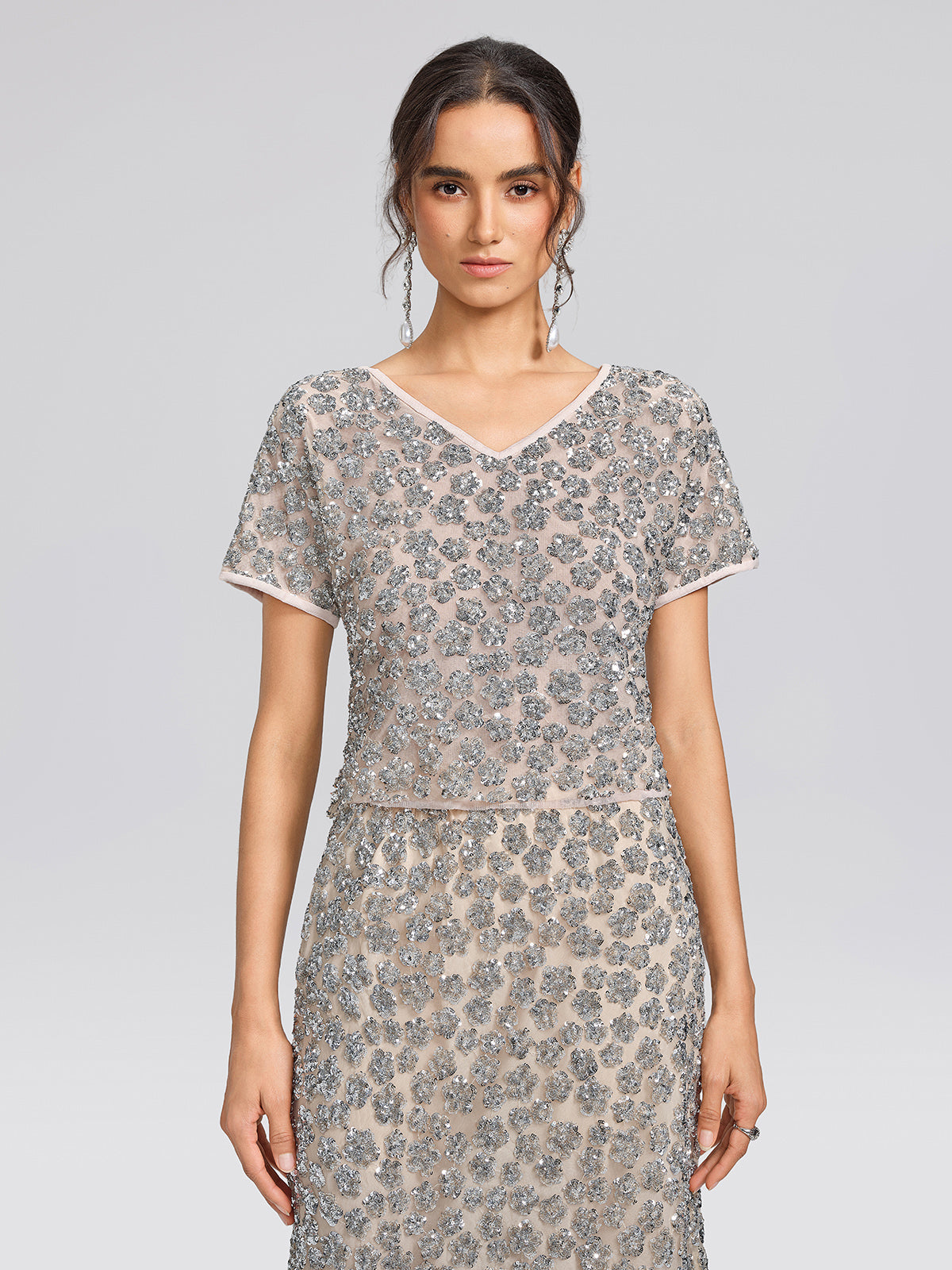 Hand Embellished Sequin V-neck Mesh Top