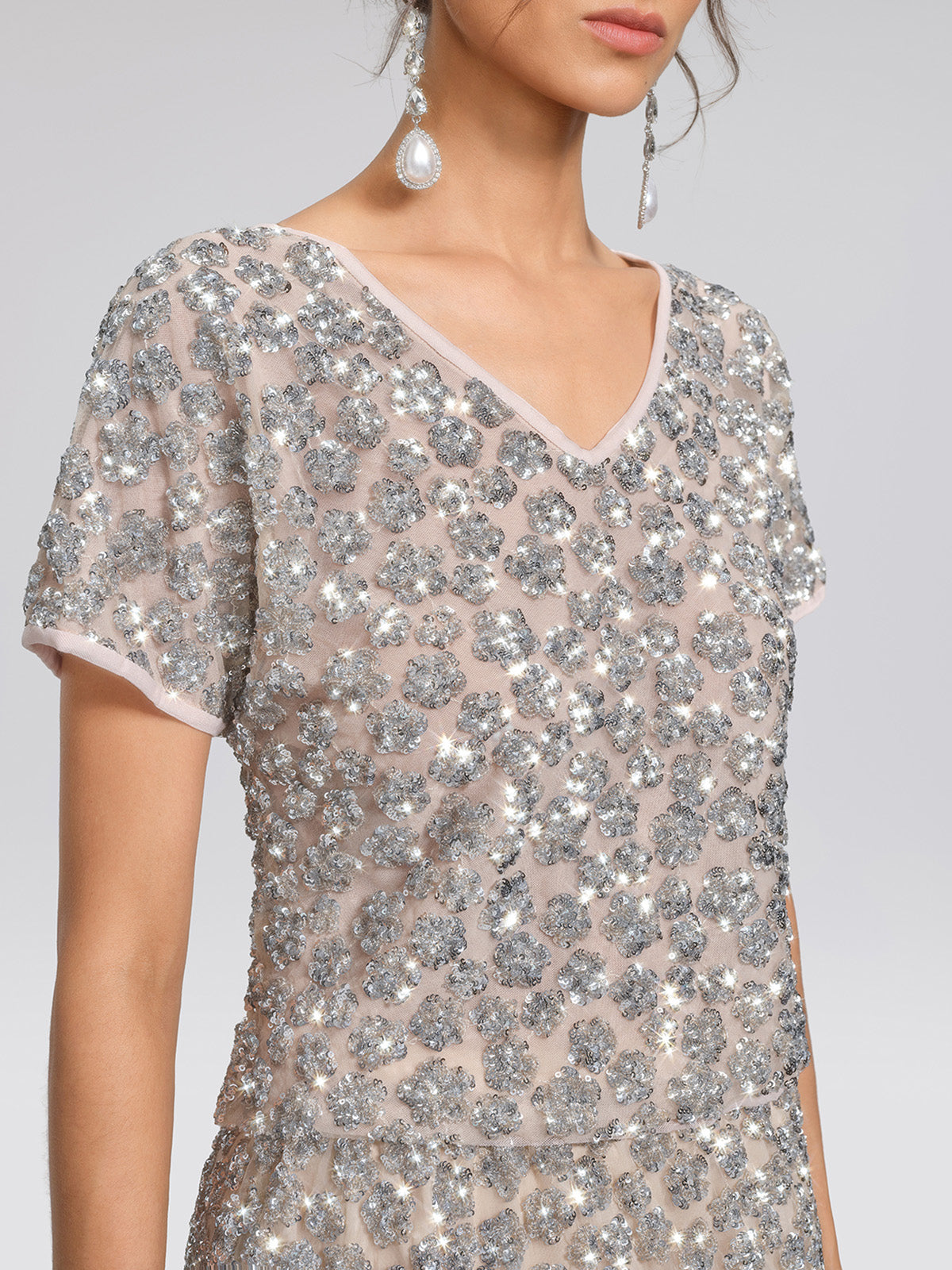 Hand Embellished Sequin V-neck Mesh Top