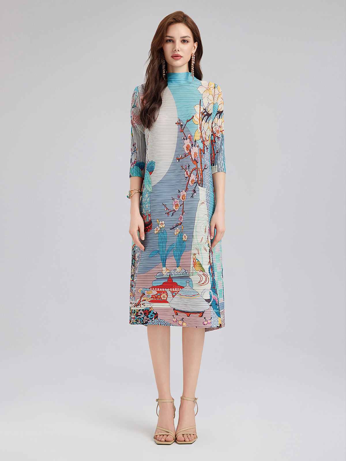 Women's Artistic Print Pleated High Neck Elegant Luxury Gift Dress, BLUE / S(Loose fit-fits S-M) Women's Artistic Print Pleated High Neck Elegant Luxury Gift Dress, BLUE / S(Loose fit-fits S-M)