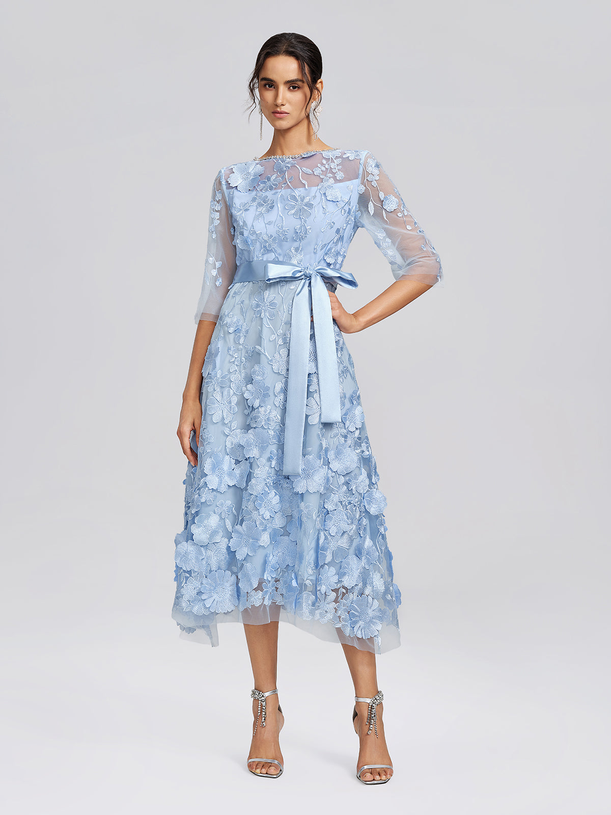 3D Floral Embroidered Mesh X-Waist Dress