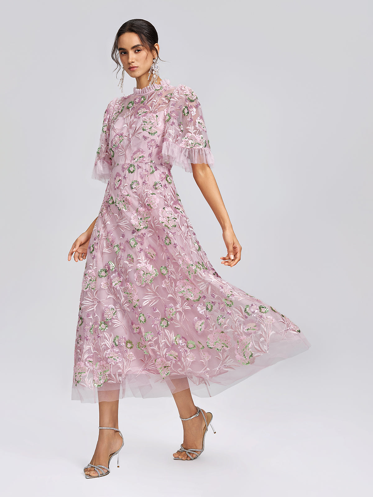 3D Floral Embroidered Sequin Mesh High-Waist Flare Dress