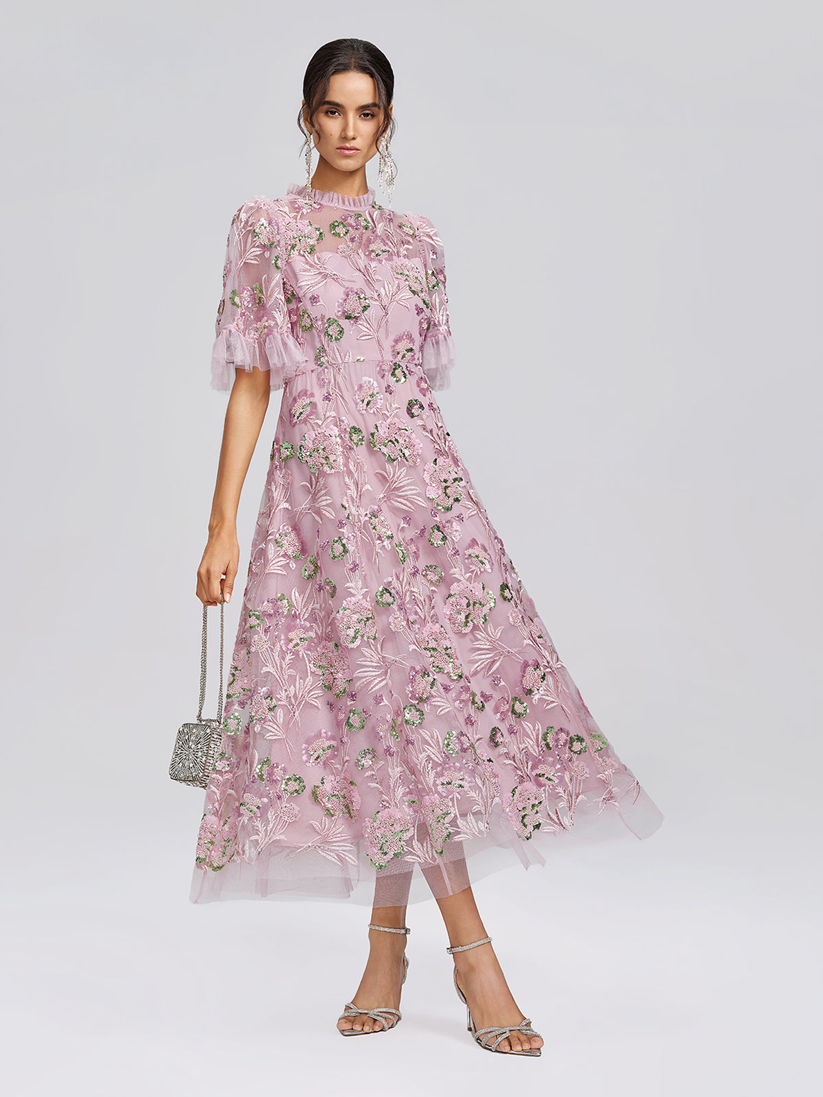 3D Floral Embroidered Sequin Mesh High-Waist Flare Dress