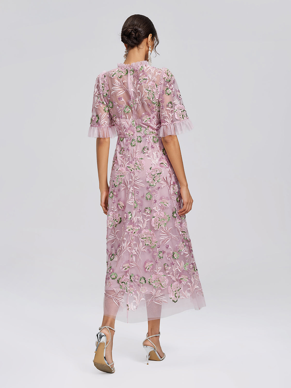 3D Floral Embroidered Sequin Mesh High-Waist Flare Dress