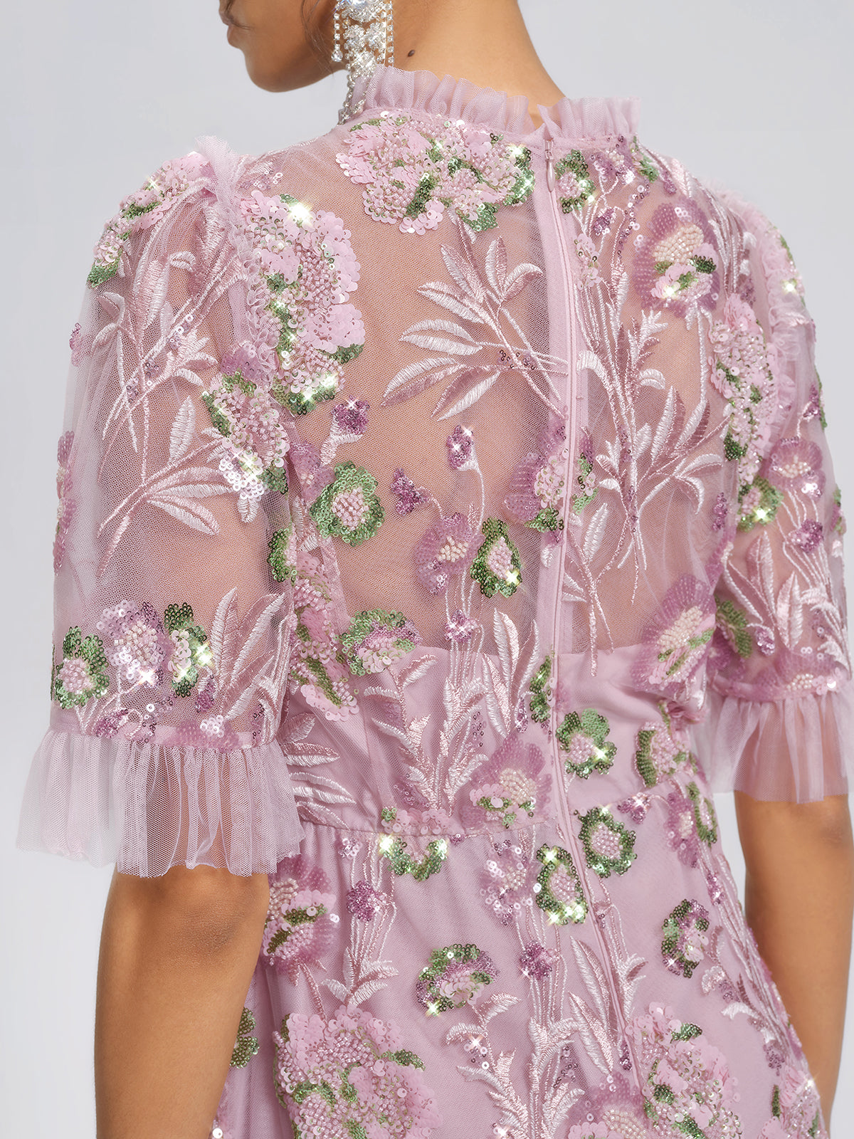 3D Floral Embroidered Sequin Mesh High-Waist Flare Dress