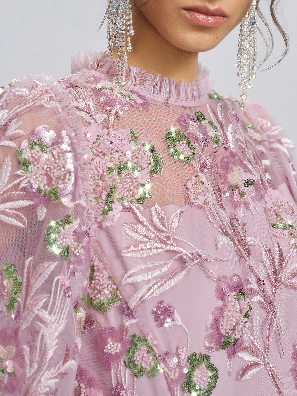 3D Floral Embroidered Sequin Mesh High-Waist Flare Dress