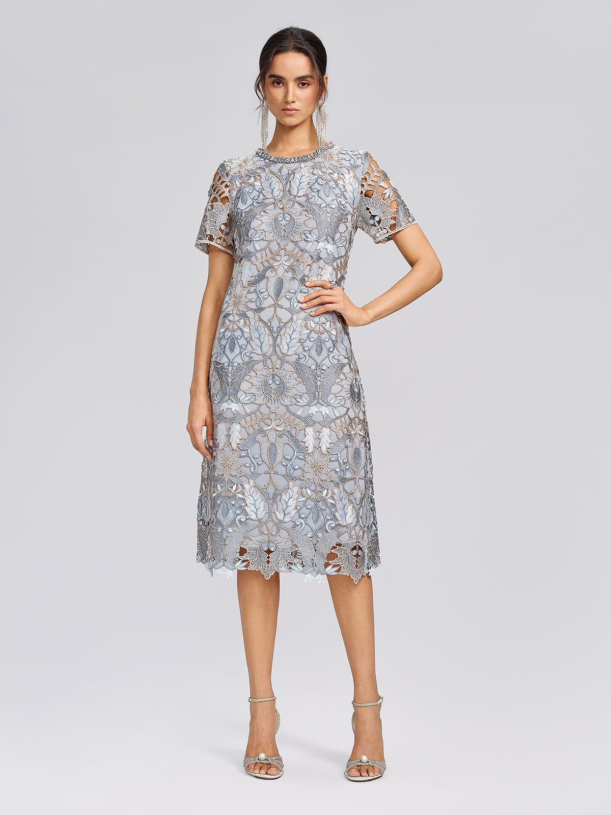 Guipure Lace Cutwork Rhinestone Straight Dress