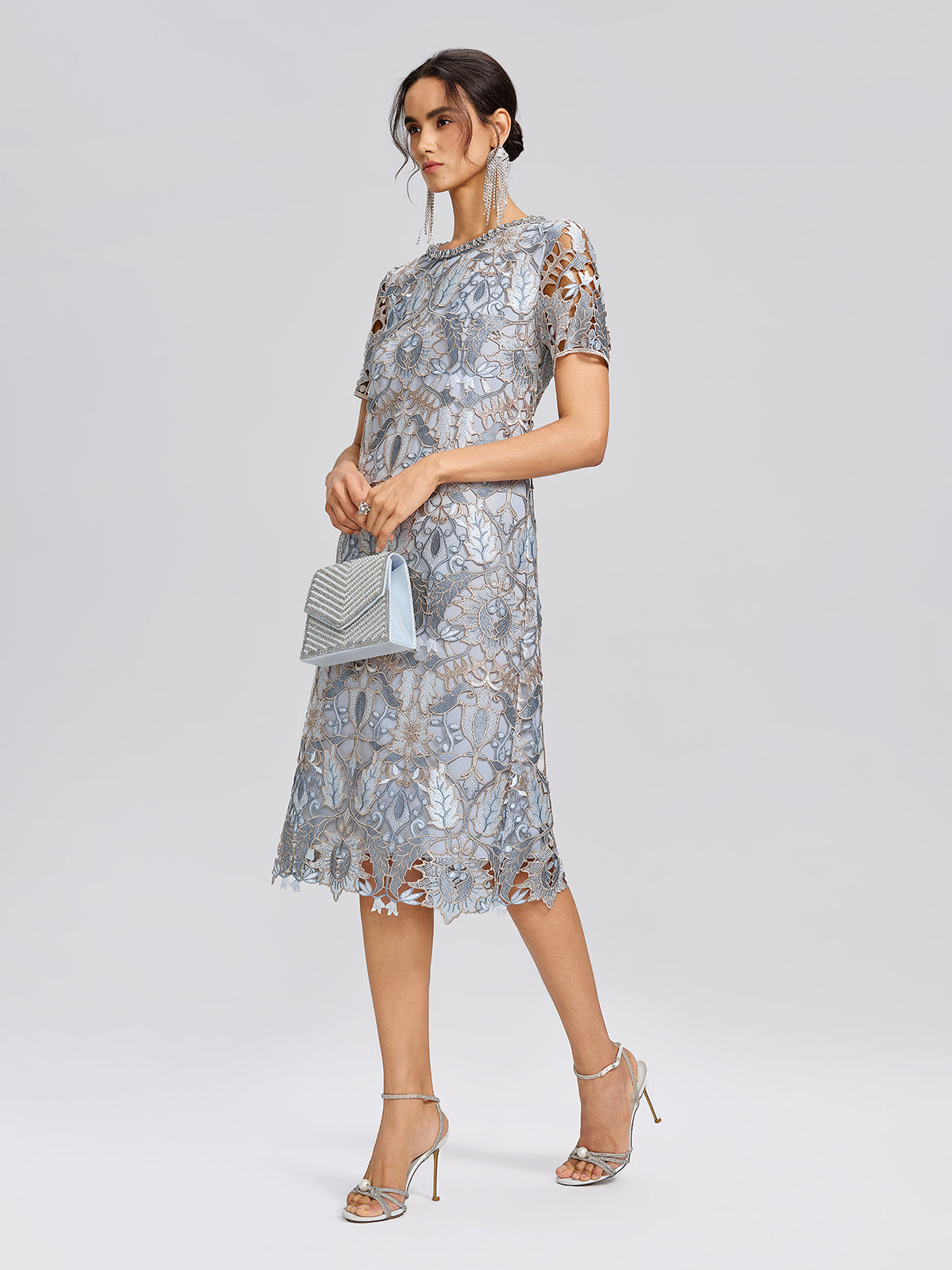 Guipure Lace Cutwork Rhinestone Straight Dress
