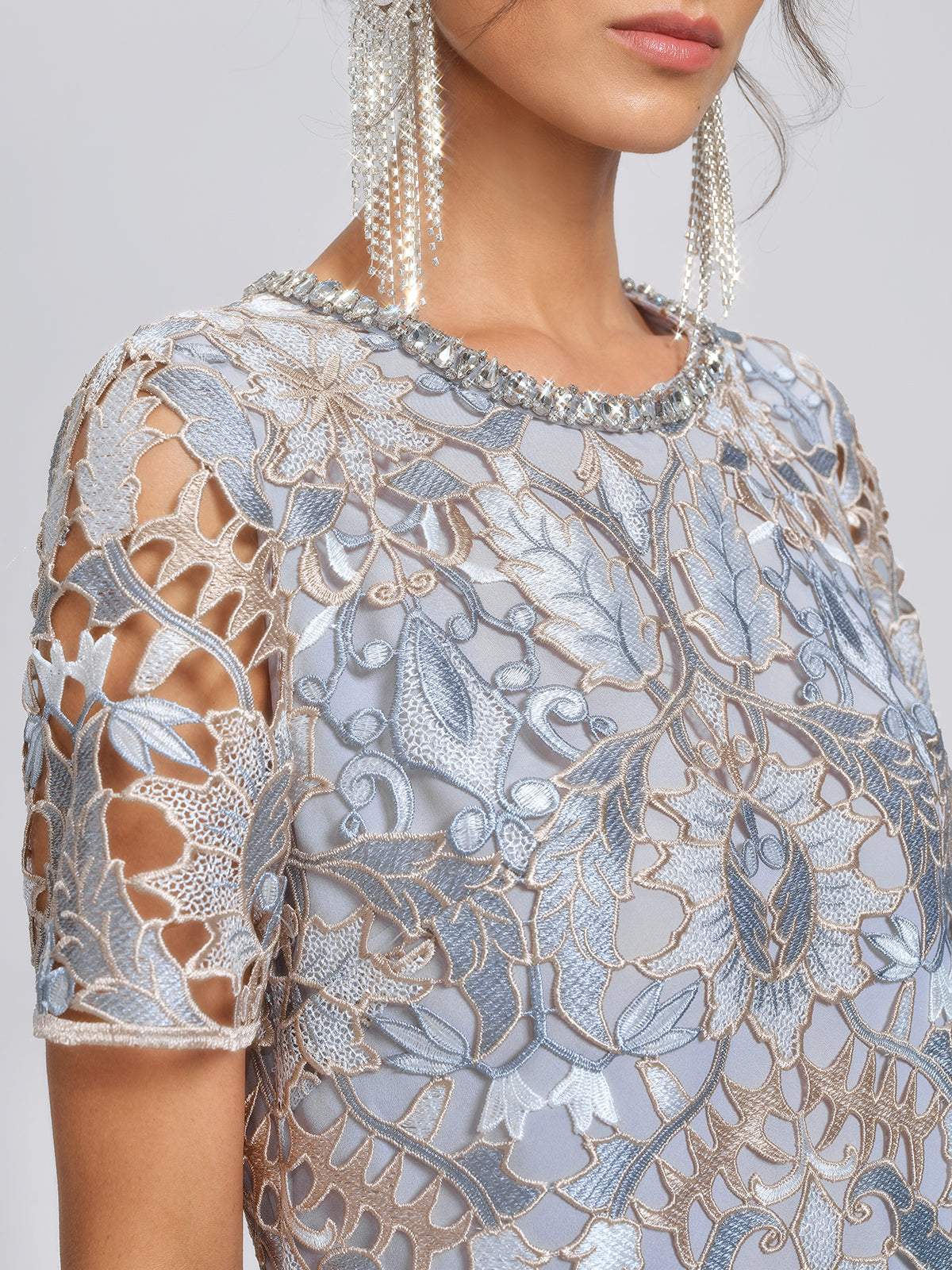 Guipure Lace Cutwork Rhinestone Straight Dress