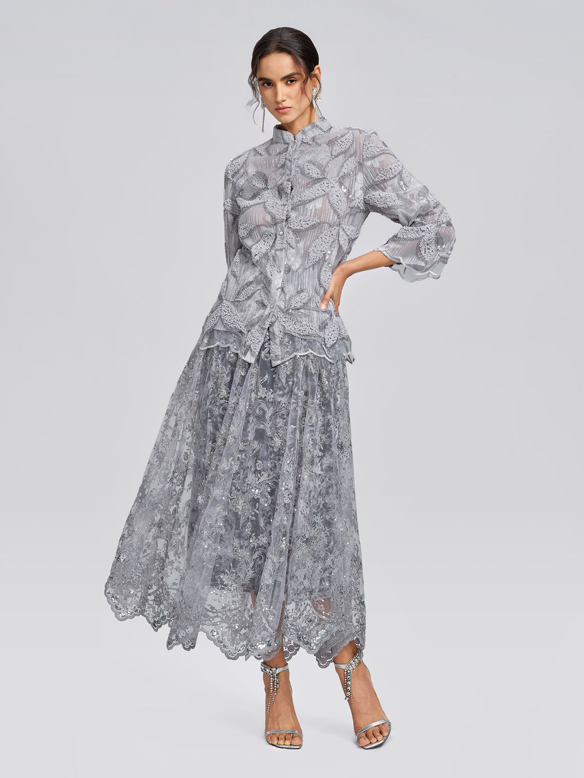 Embroidered Lace Sequin A-Line Skirt