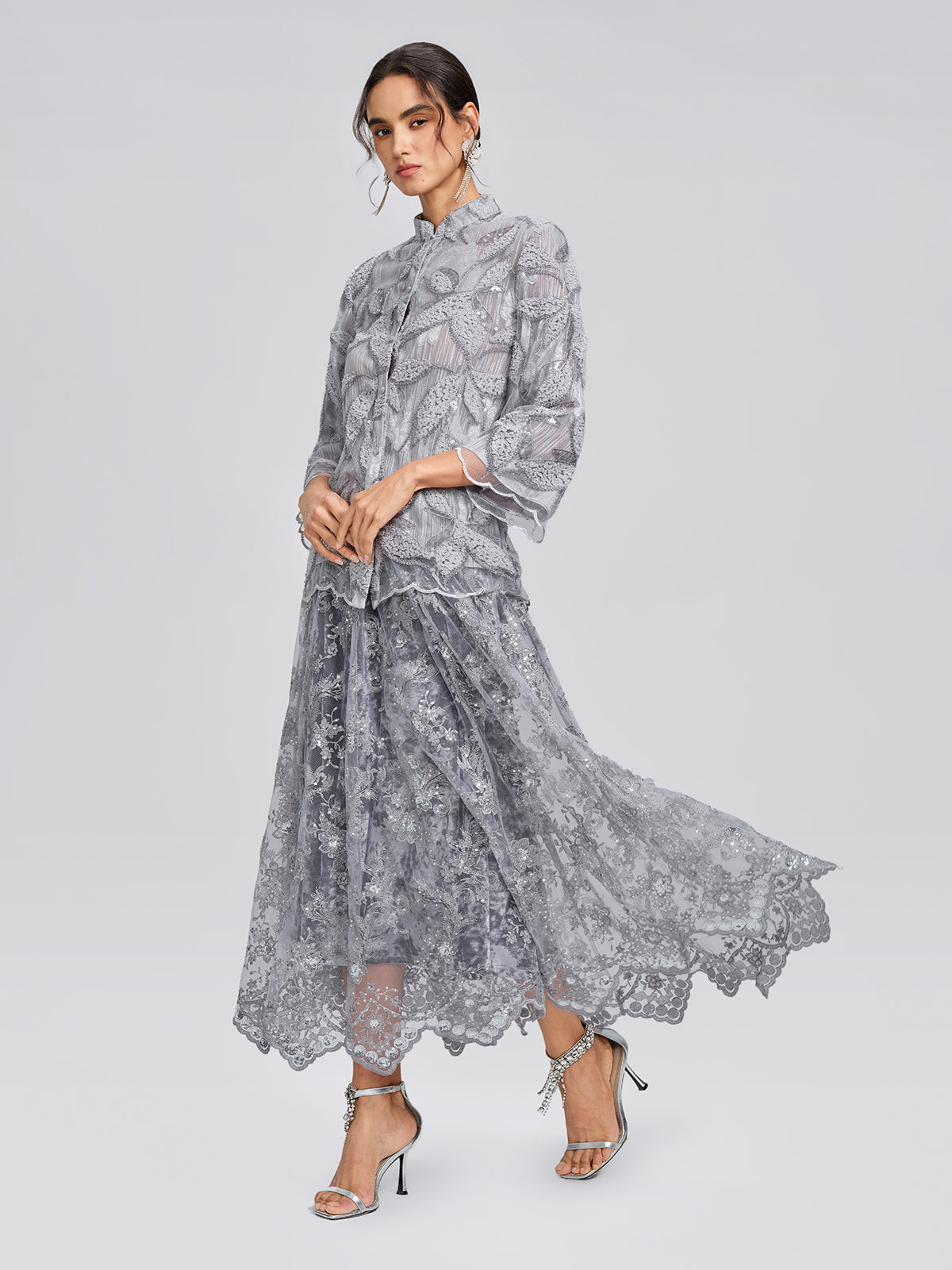 Mesh Leaf Embroidery Mandarin Collar Blouse