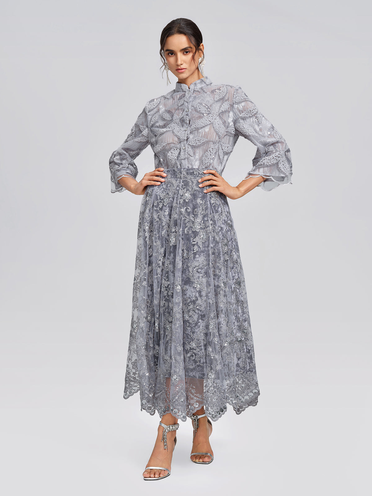Mesh Leaf Embroidery Mandarin Collar Blouse