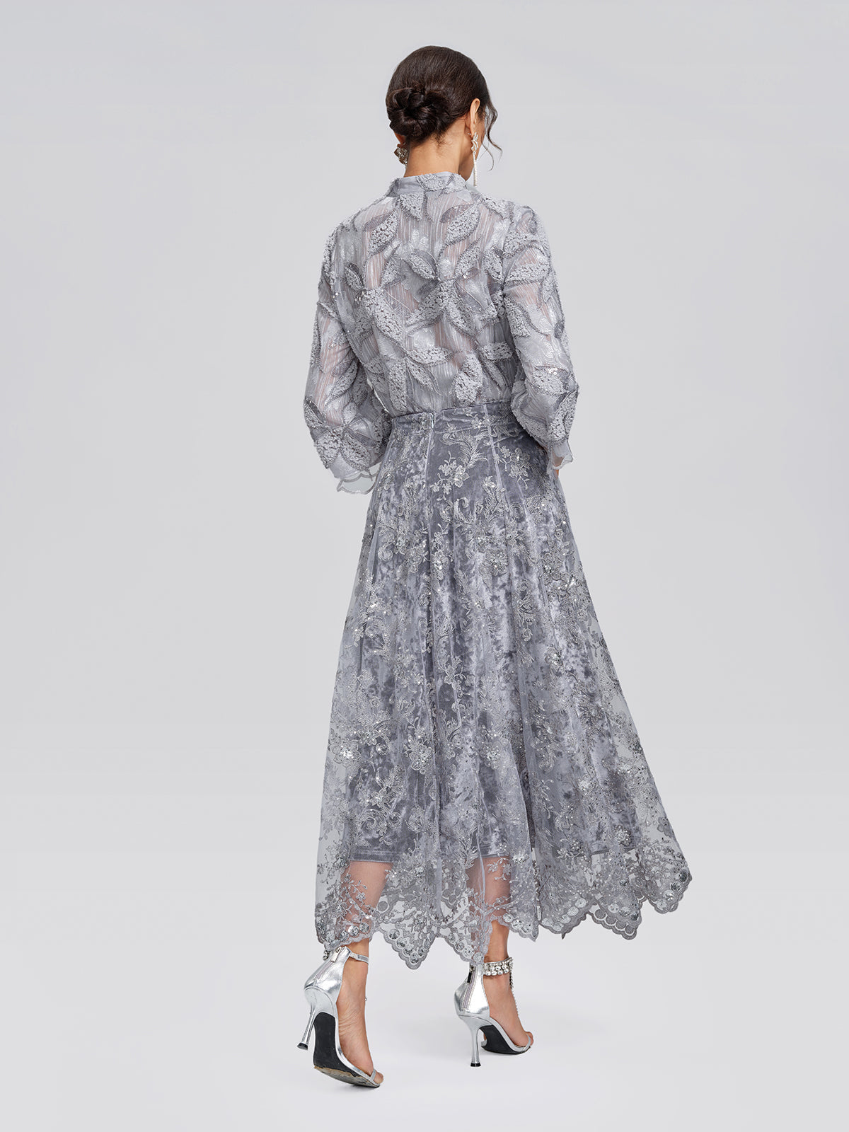 Mesh Leaf Embroidery Mandarin Collar Blouse