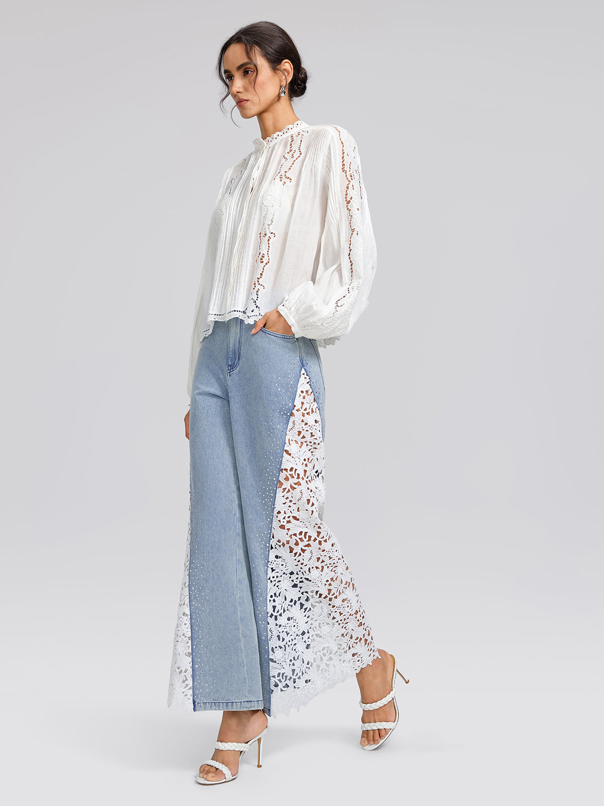 Washed Denim Lace Cutwork Rhinestone High-Waist Flared Pants