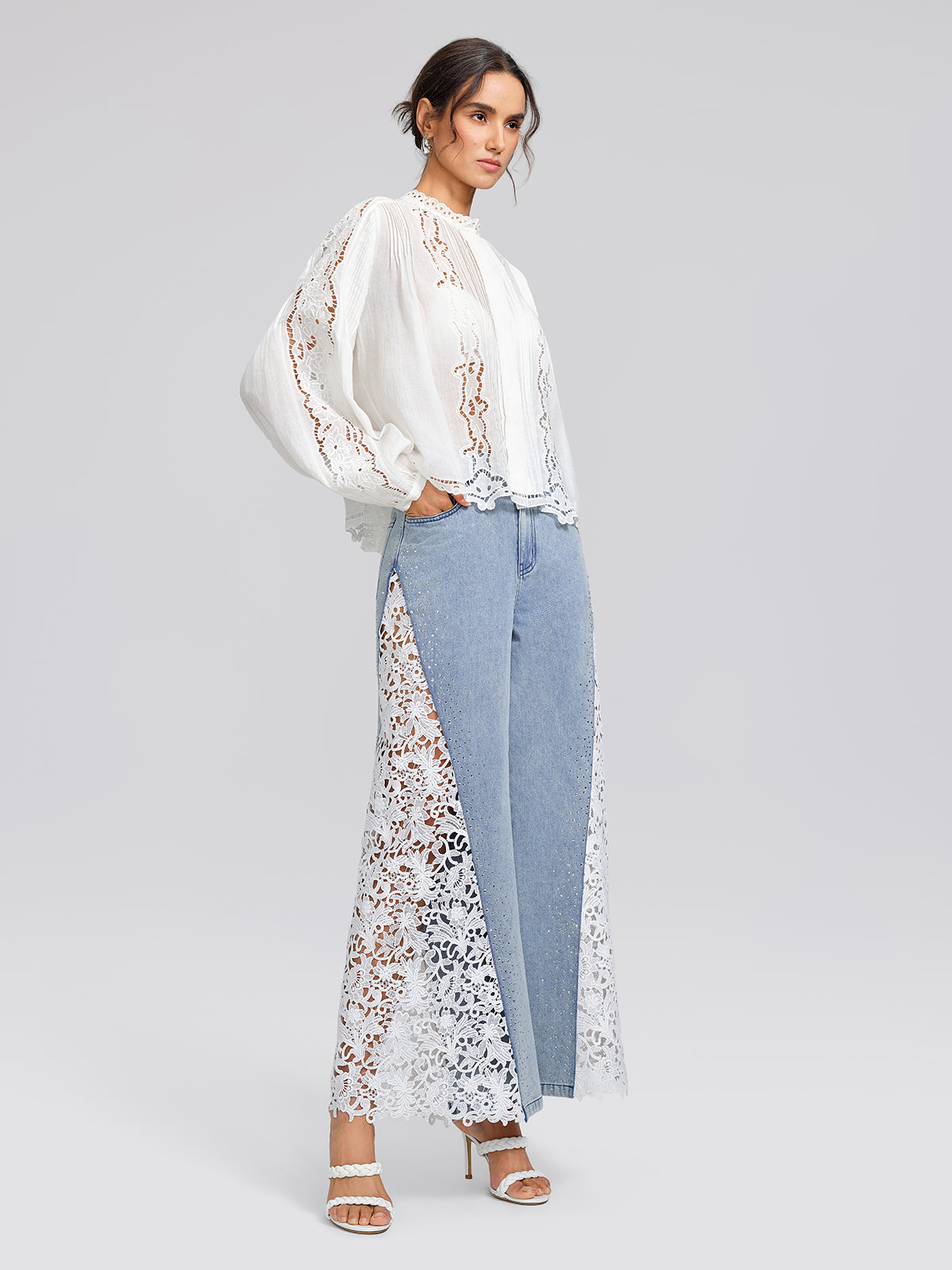 Washed Denim Lace Cutwork Rhinestone High-Waist Flared Pants