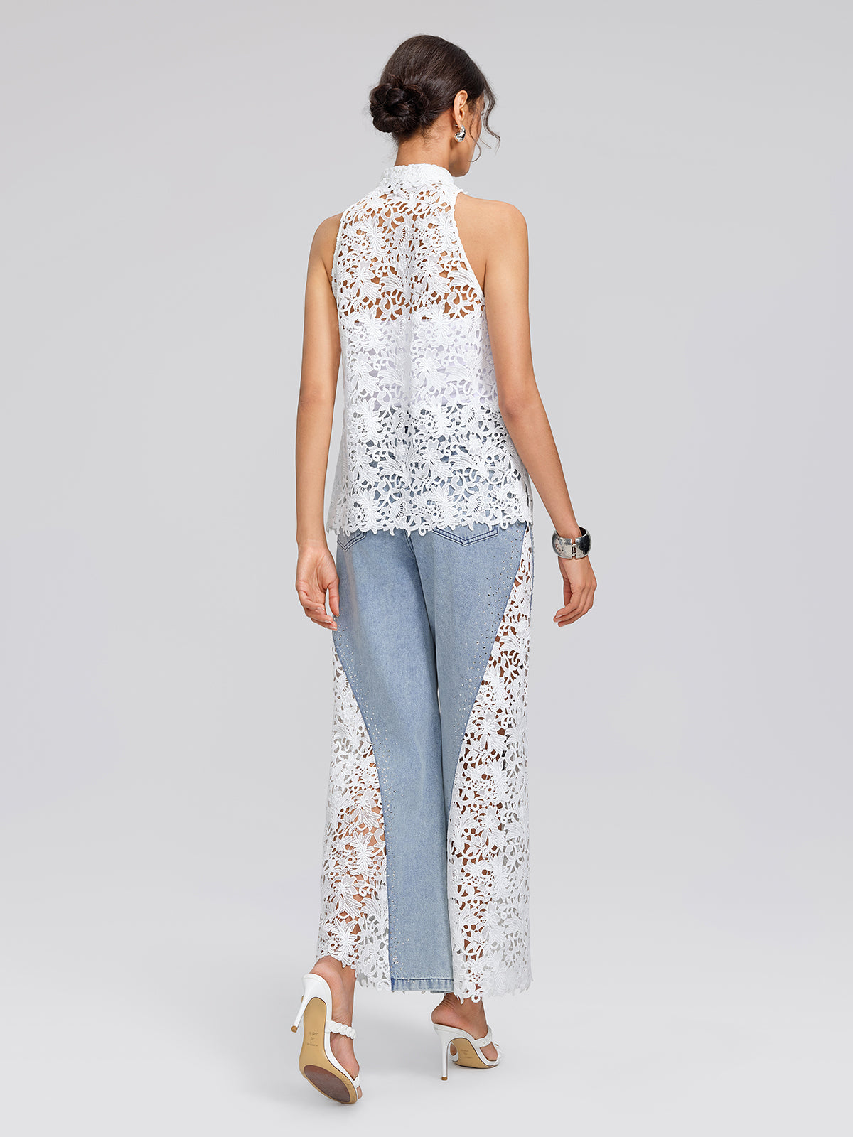 Washed Denim Lace Cutwork Rhinestone High-Waist Flared Pants