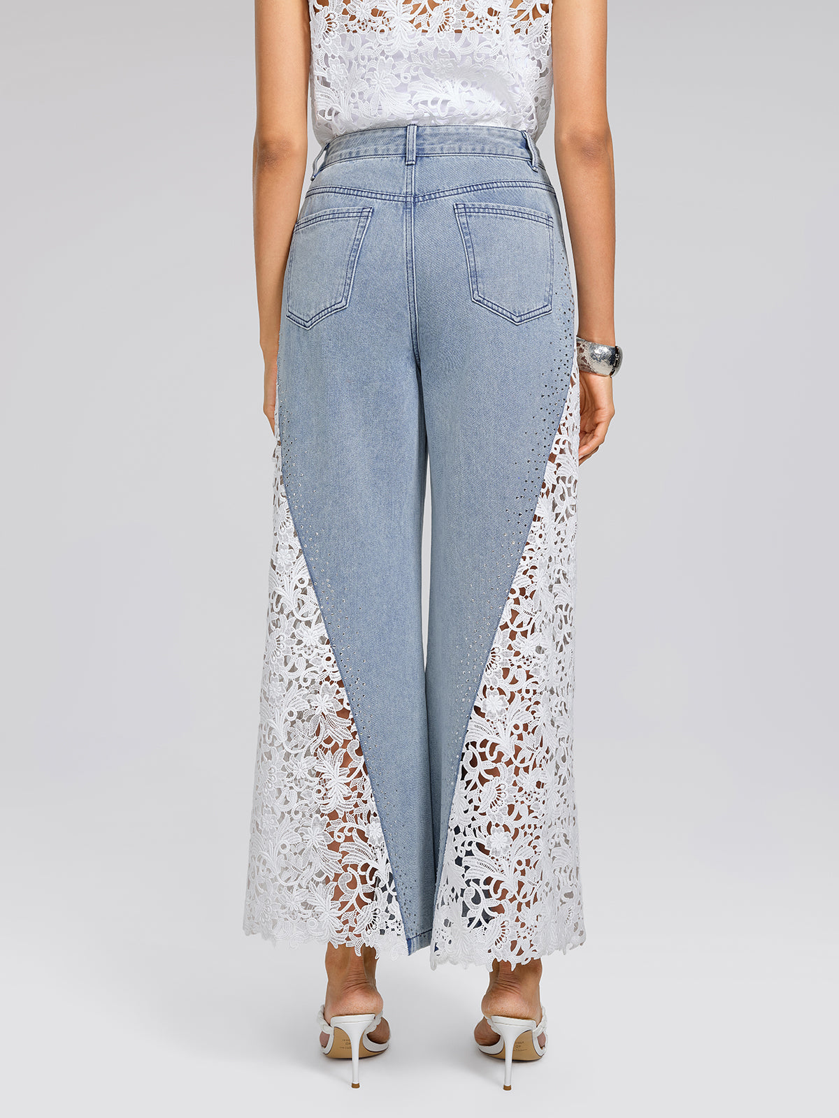 Washed Denim Lace Cutwork Rhinestone High-Waist Flared Pants